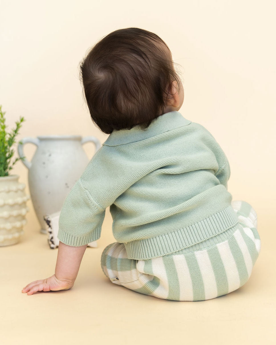 Palm Trees Embroidered Baby Sweater Shirt & Shorts Set (Organic Cotton) Model Back