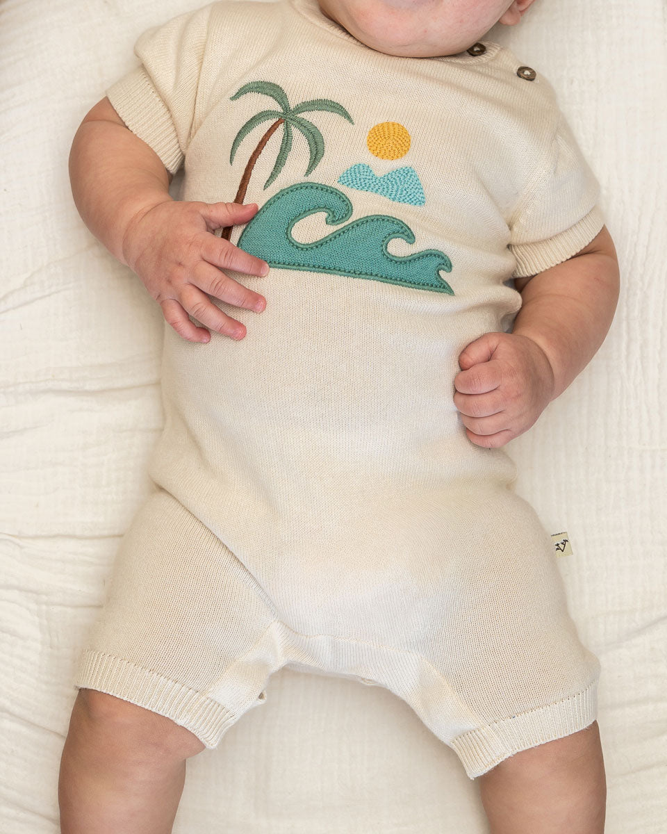 Beach Embroidered Baby Knit Romper (Organic Cotton) - Model