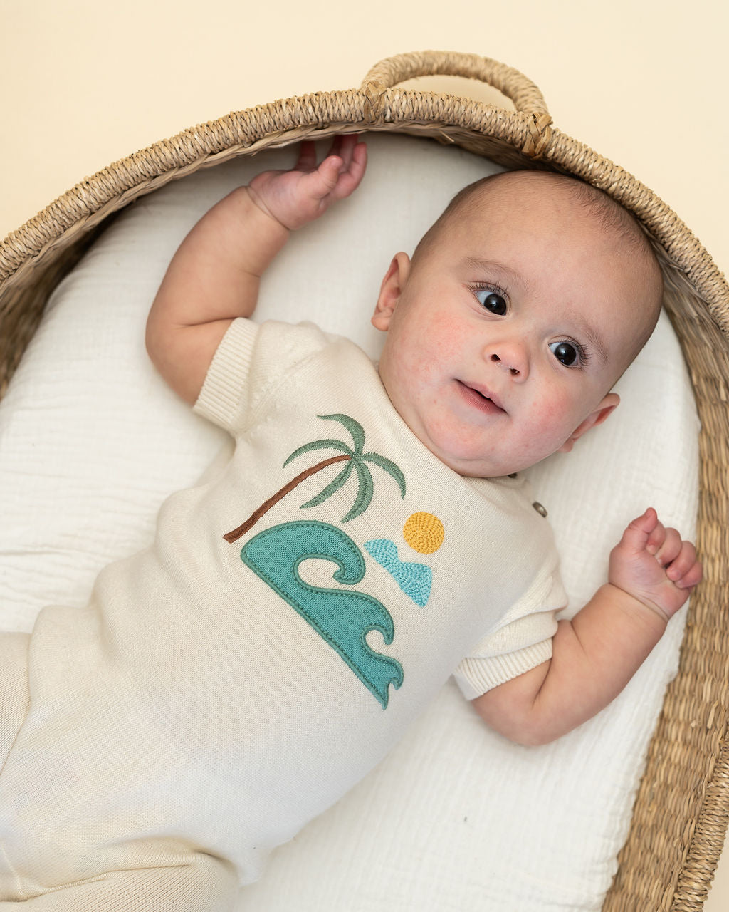 Beach Embroidered Baby Knit Romper (Organic Cotton) - Model