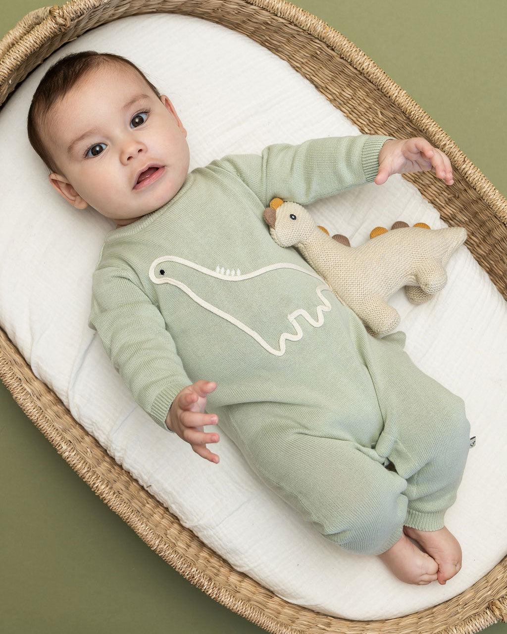 Dino Embroidered Baby Knit Jumpsuit (Organic Cotton) with Dino Toy
