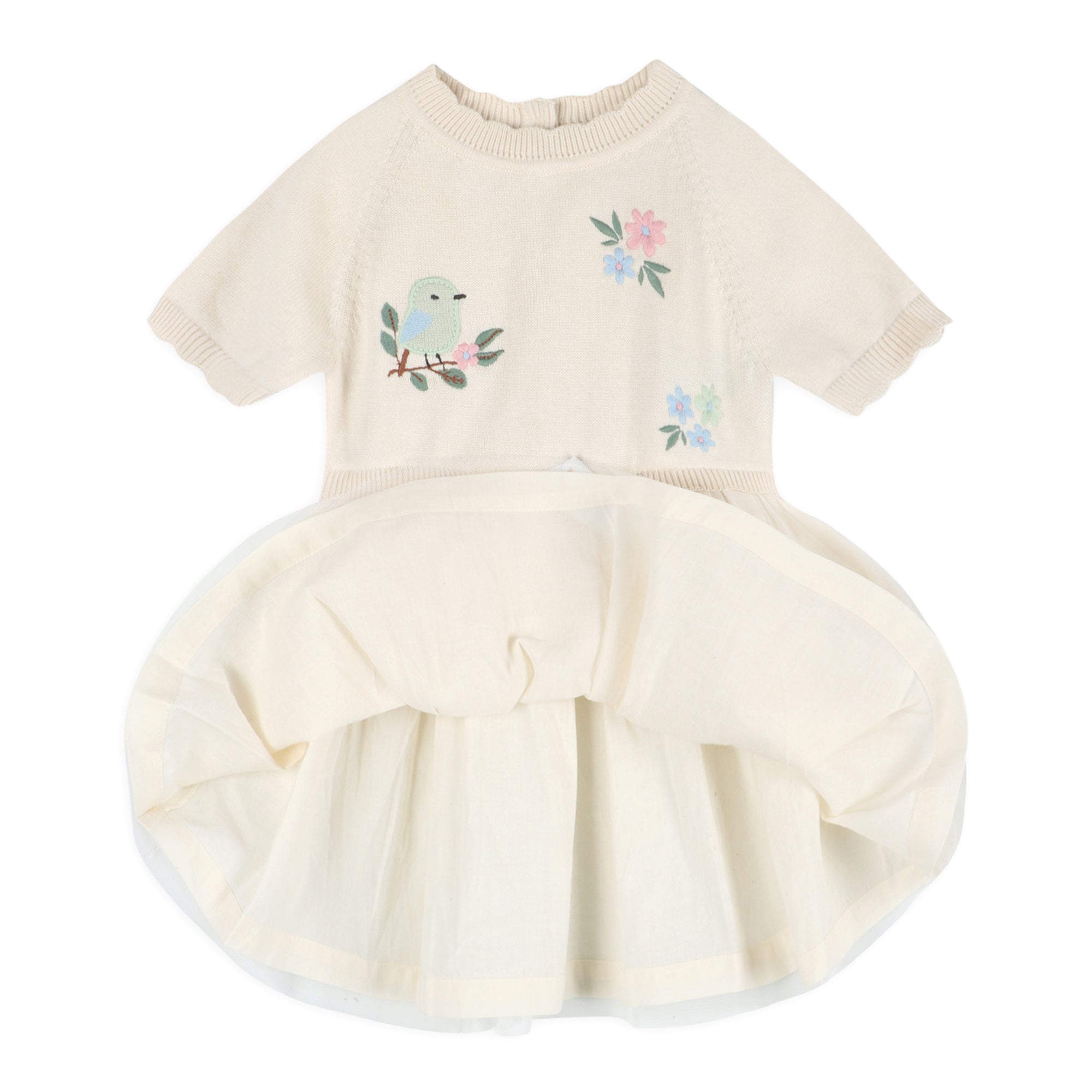 Bird Floral Embroidered Tutu Knit Baby Dress Layer (Organic Cotton)
