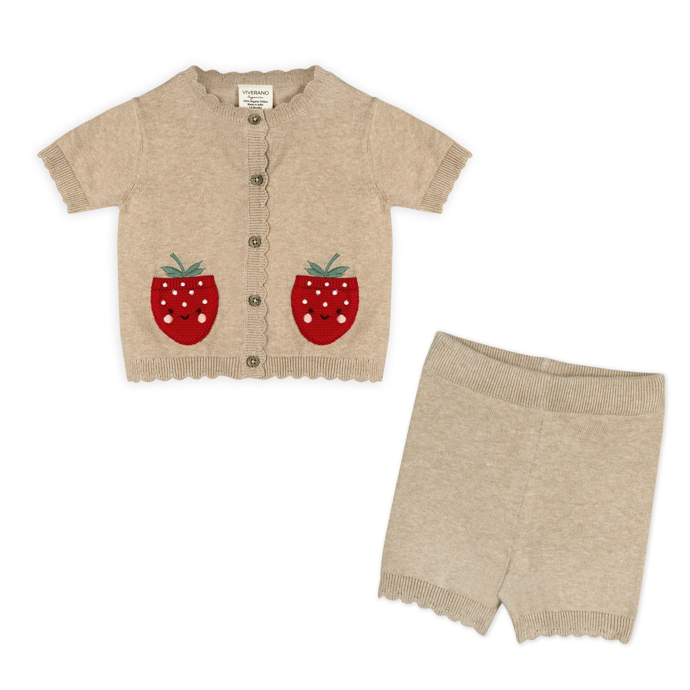 Strawberry Pocket Baby Knit Cardigan + Shorts Set (Organic Cotton)