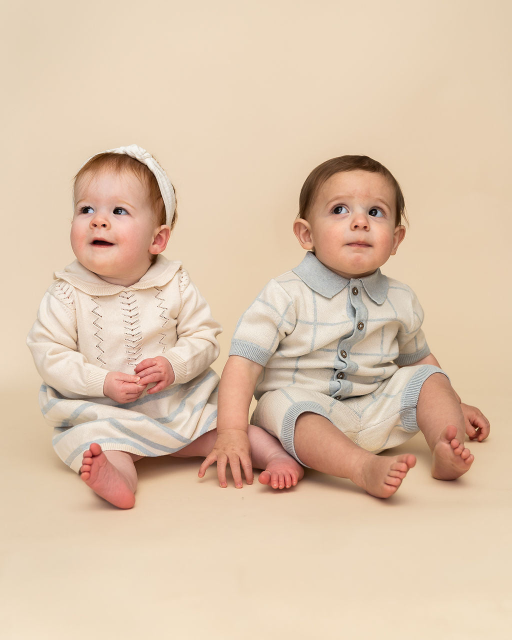Isla Sailor Stripe Baby Sweater Knit Dress (Organic Cotton) - Models with Viverano's Checkered Jacquard Baby Shirt & Shorts Set