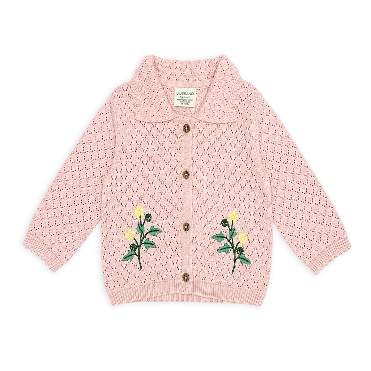 front of lily floral baby sweater knit cardigan made of organic cotton