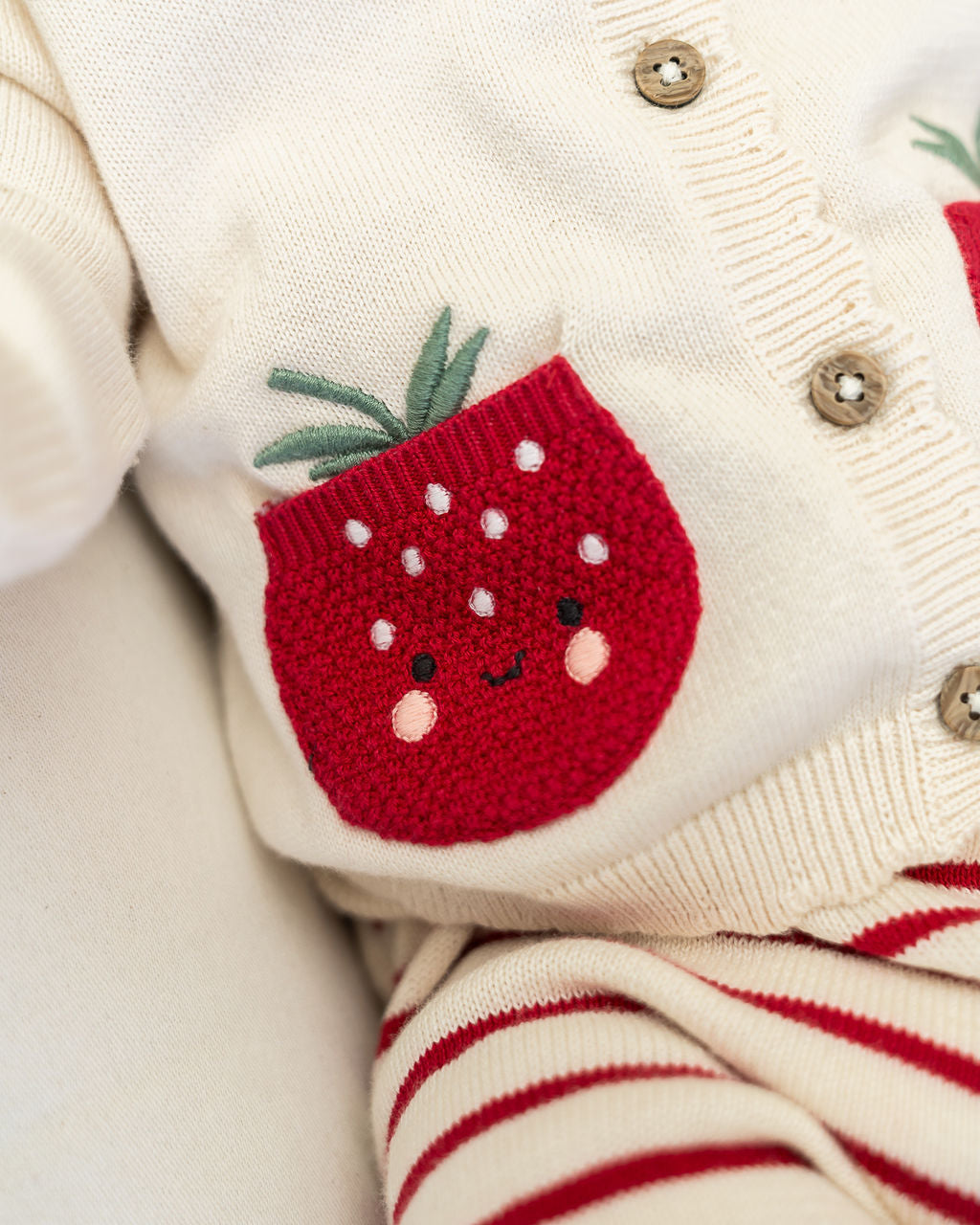 Strawberry Embroidered Pocket Baby Cardigan & Pants Set (Organic Cotton) - Model