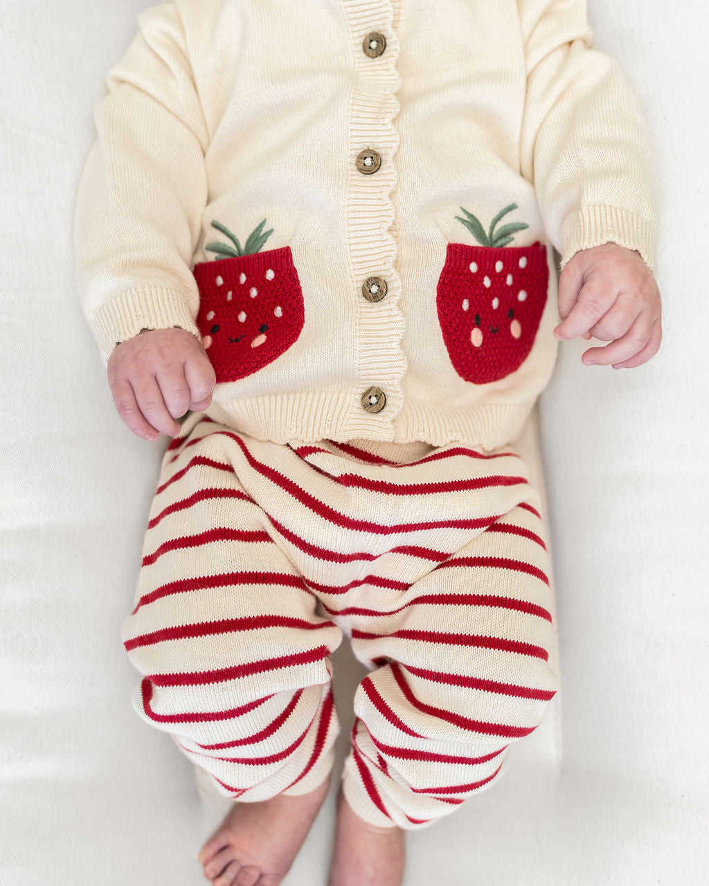 Strawberry Embroidered Pocket Baby Cardigan & Pants Set (Organic Cotton) - Model