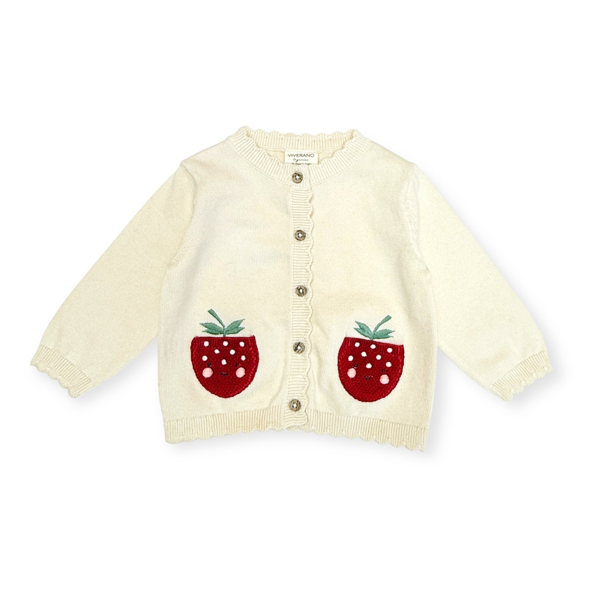 Strawberry Embroidered Pocket Baby Cardigan Front (Organic Cotton)