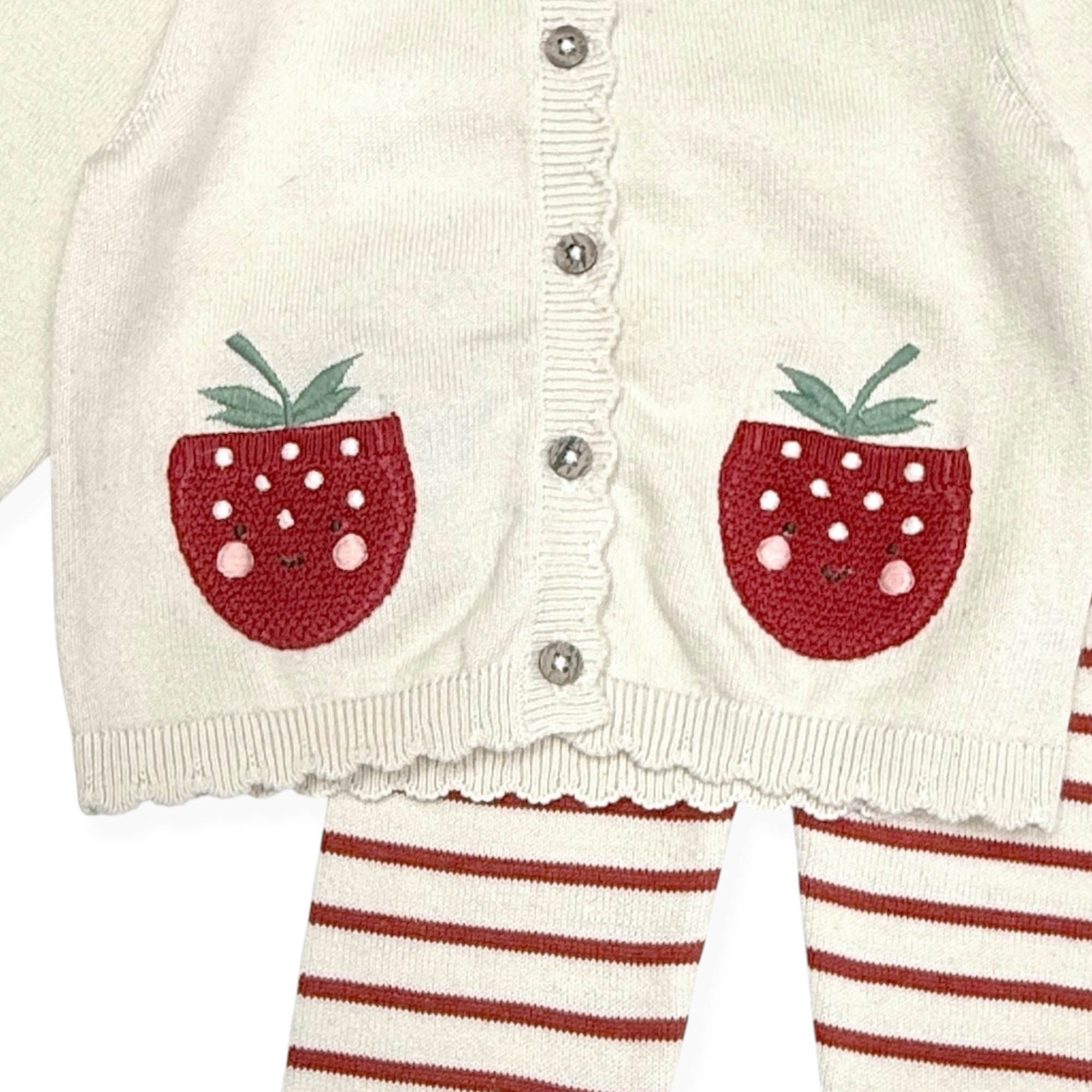 Strawberry Embroidered Pocket Baby Cardigan & Pants Set Detail (Organic Cotton)