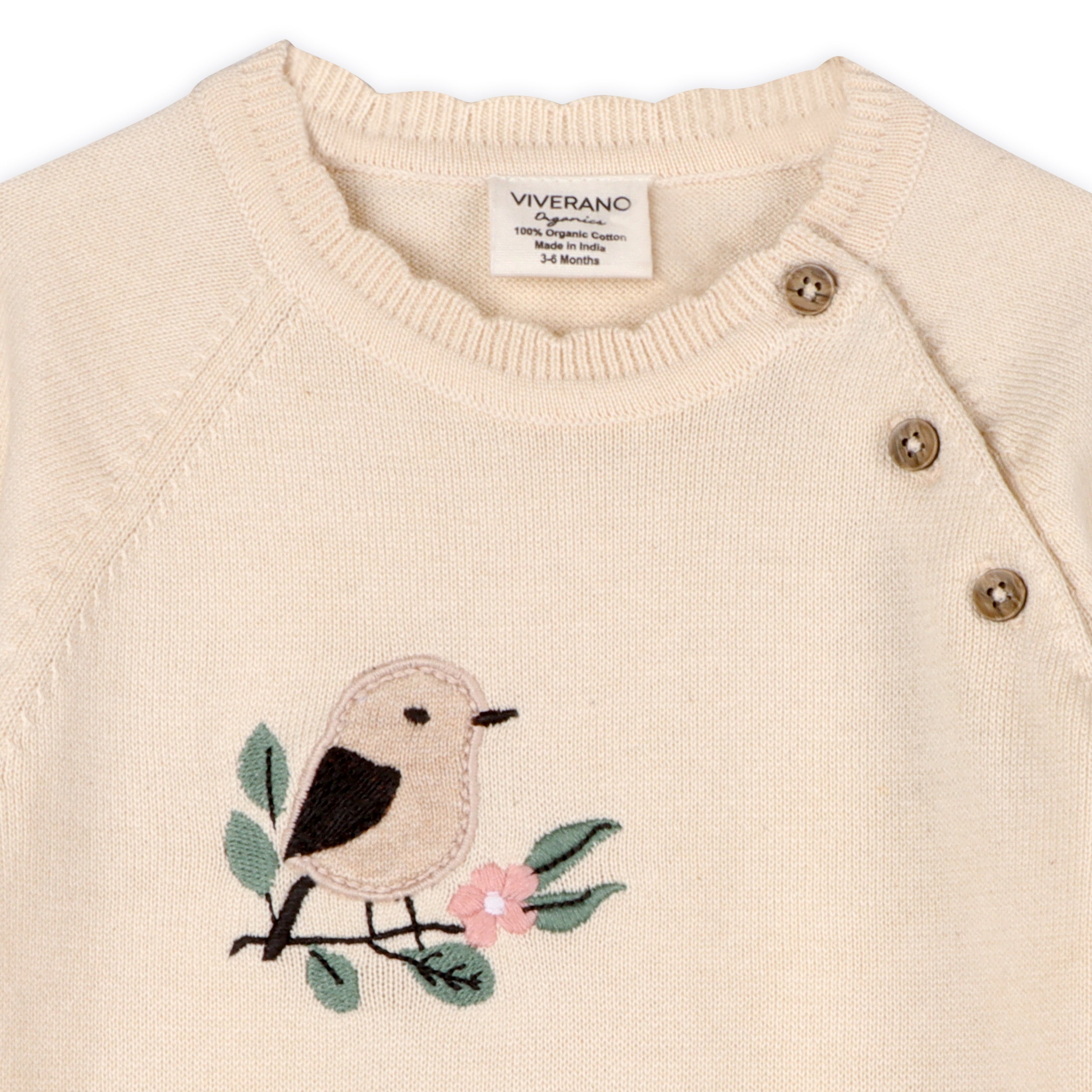 Bird & Floral Embroidered Baby Knit Jumpsuit Detail Top (Organic Cotton)
