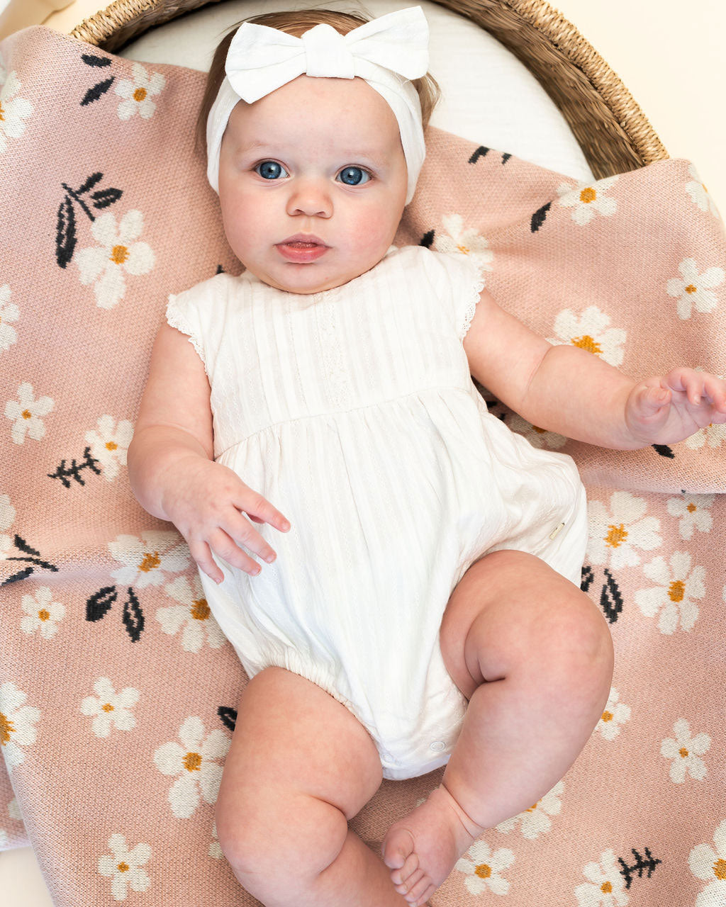 Darie Striped Dobby White Baby Romper + Headband (Organic) Model