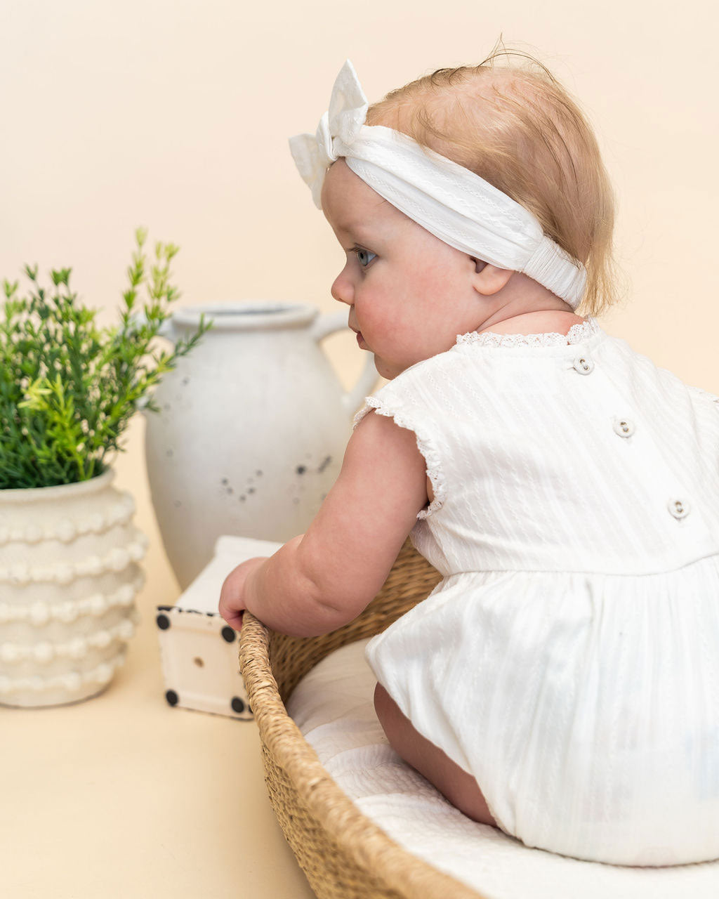 Darie Striped Dobby White Baby Romper + Headband (Organic) Model Back