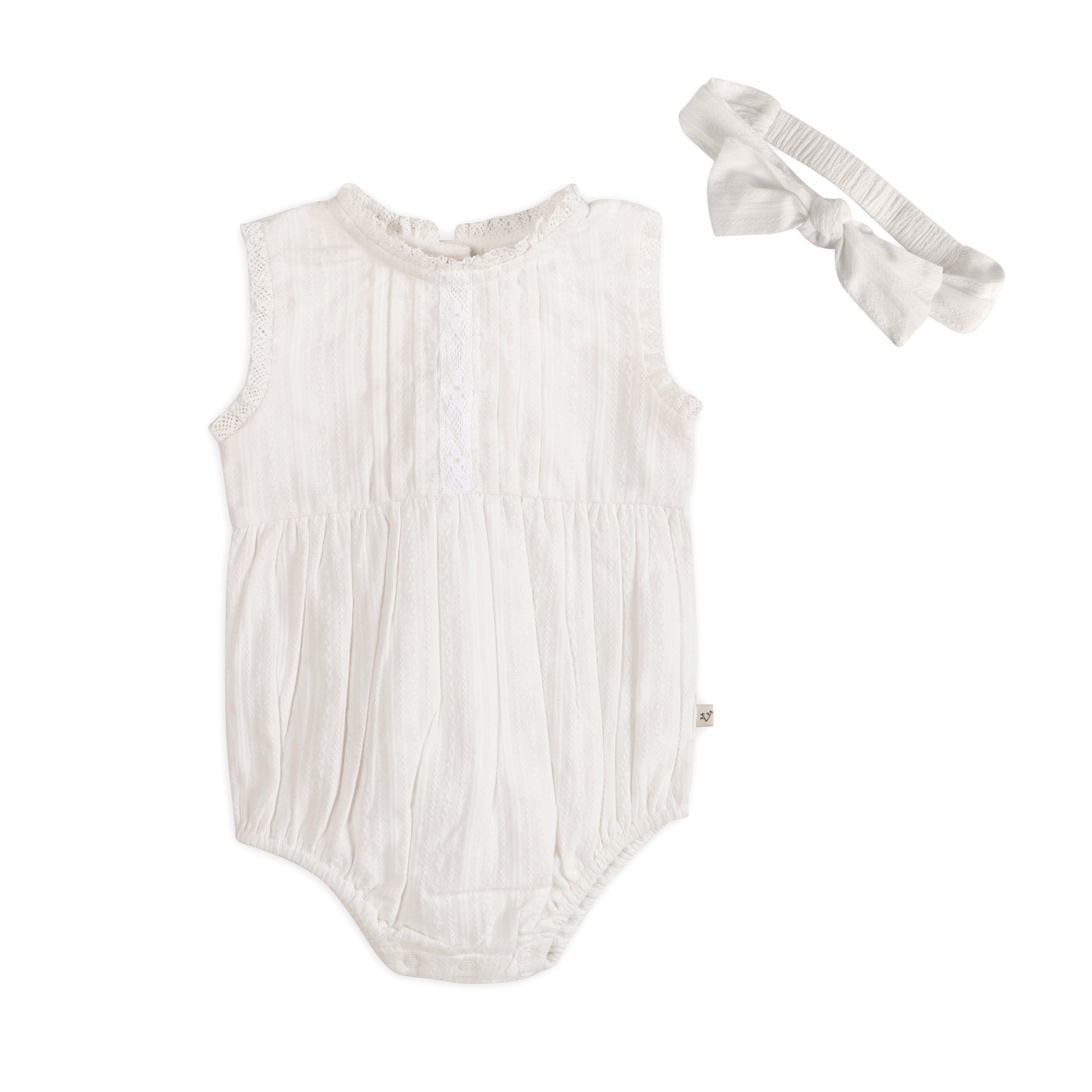 Darie Striped Dobby White Baby Romper + Headband (Organic)