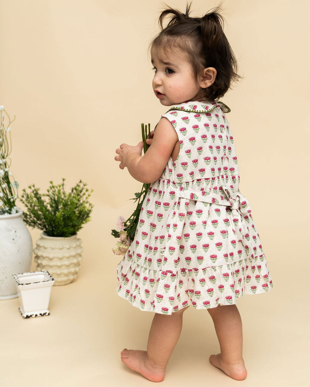 Mia Block Print Floral Baby Dress + Bloomer (Linen Blend) Lifestyle Model Back