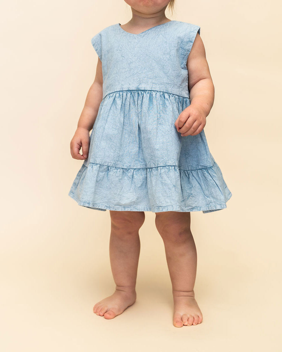 River Soft Denim Washed Baby Dress + Bloomer (Organic) Front Model