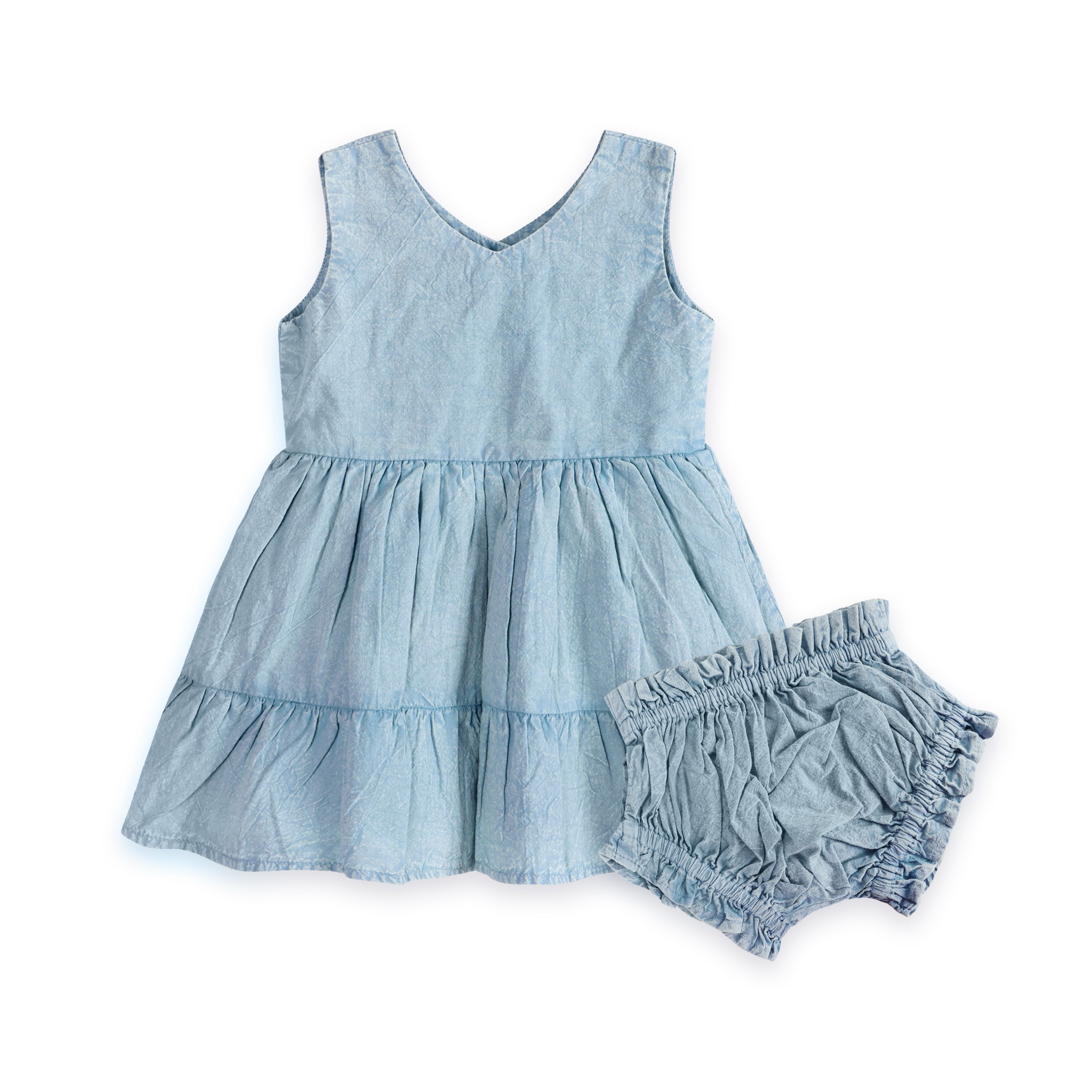 River Soft Denim Washed Baby Dress + Bloomer (Organic)
