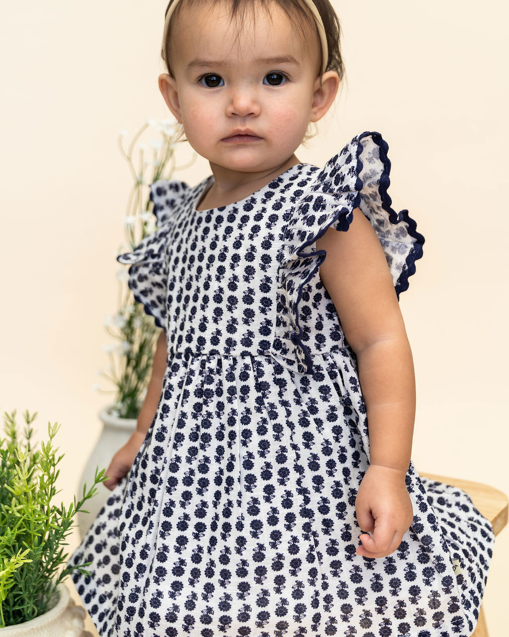 Jamie Blue Floral Baby Dress + Bloomer (Organic) Model