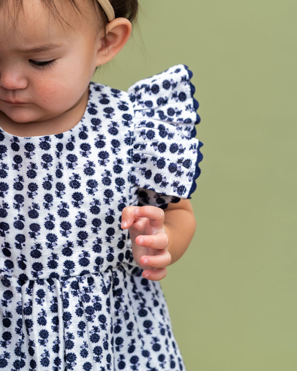 Jamie Blue Floral Baby Dress + Bloomer (Organic) Top Detail