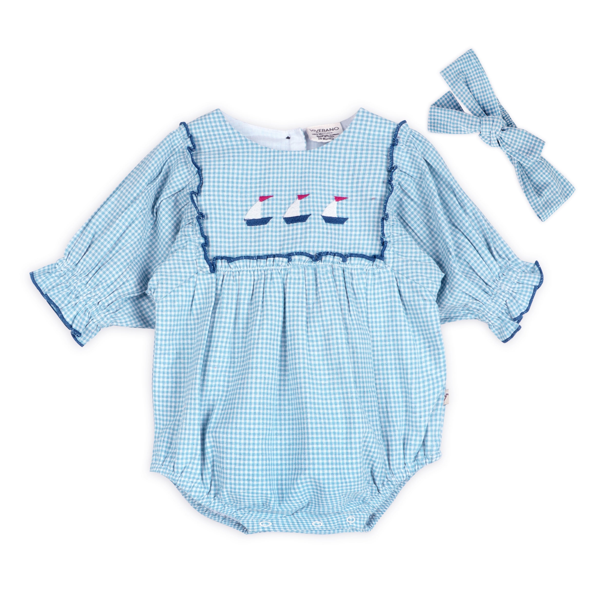 Nautical Embroidered Gingham Baby Romper + Headband (Organic)