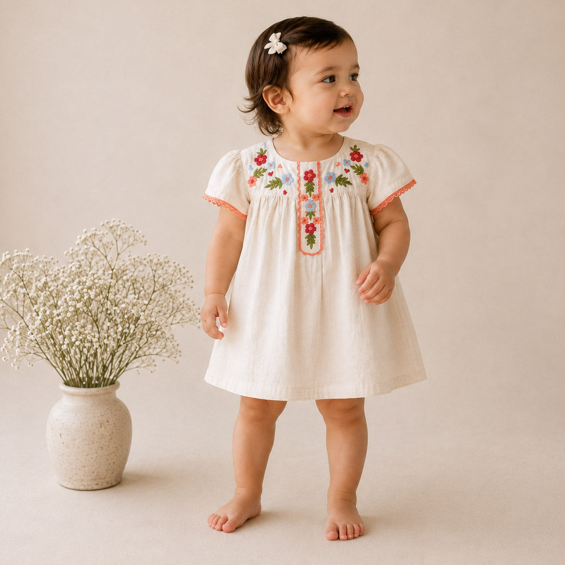 Gabi Embroidered Baby Dress + Bloomer (Linen Blend)