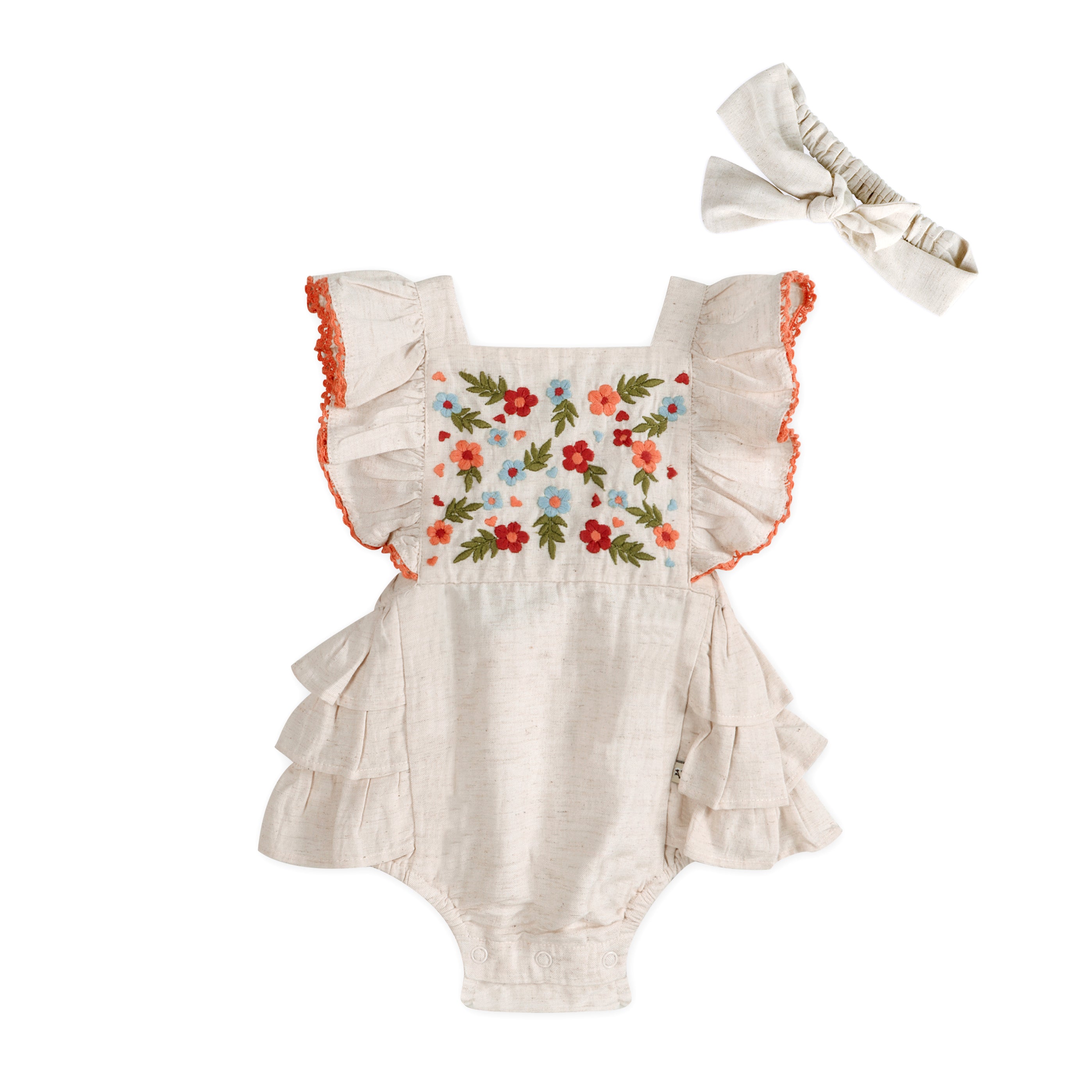Anya Embroidered Baby Romper + Headband (Linen Blend)