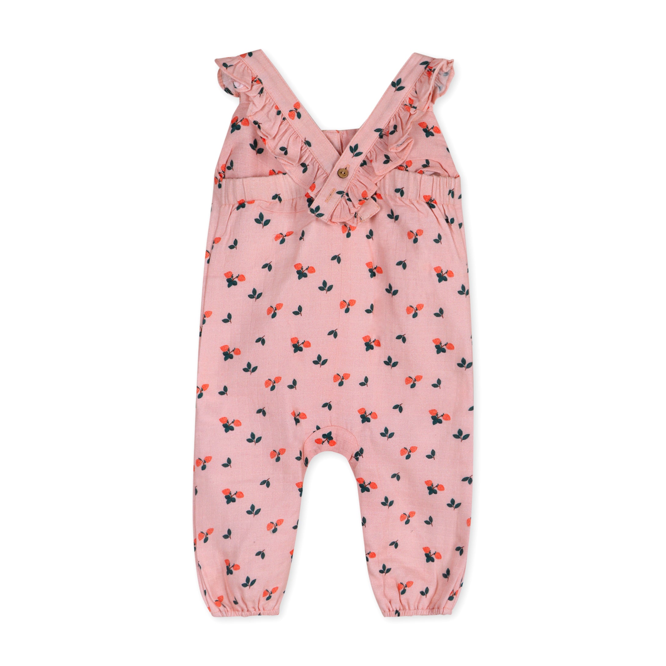 Strawberry Ruffled Baby Jumpsuit Back (Organic Muslin)
