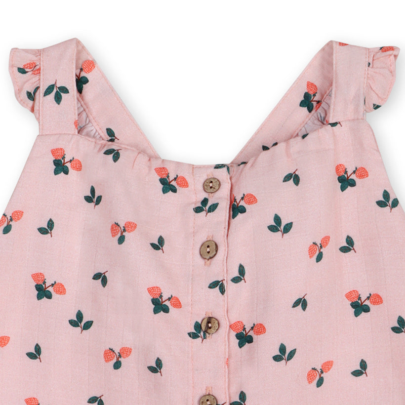 Strawberry Ruffled Baby Jumpsuit Detail (Organic Muslin)
