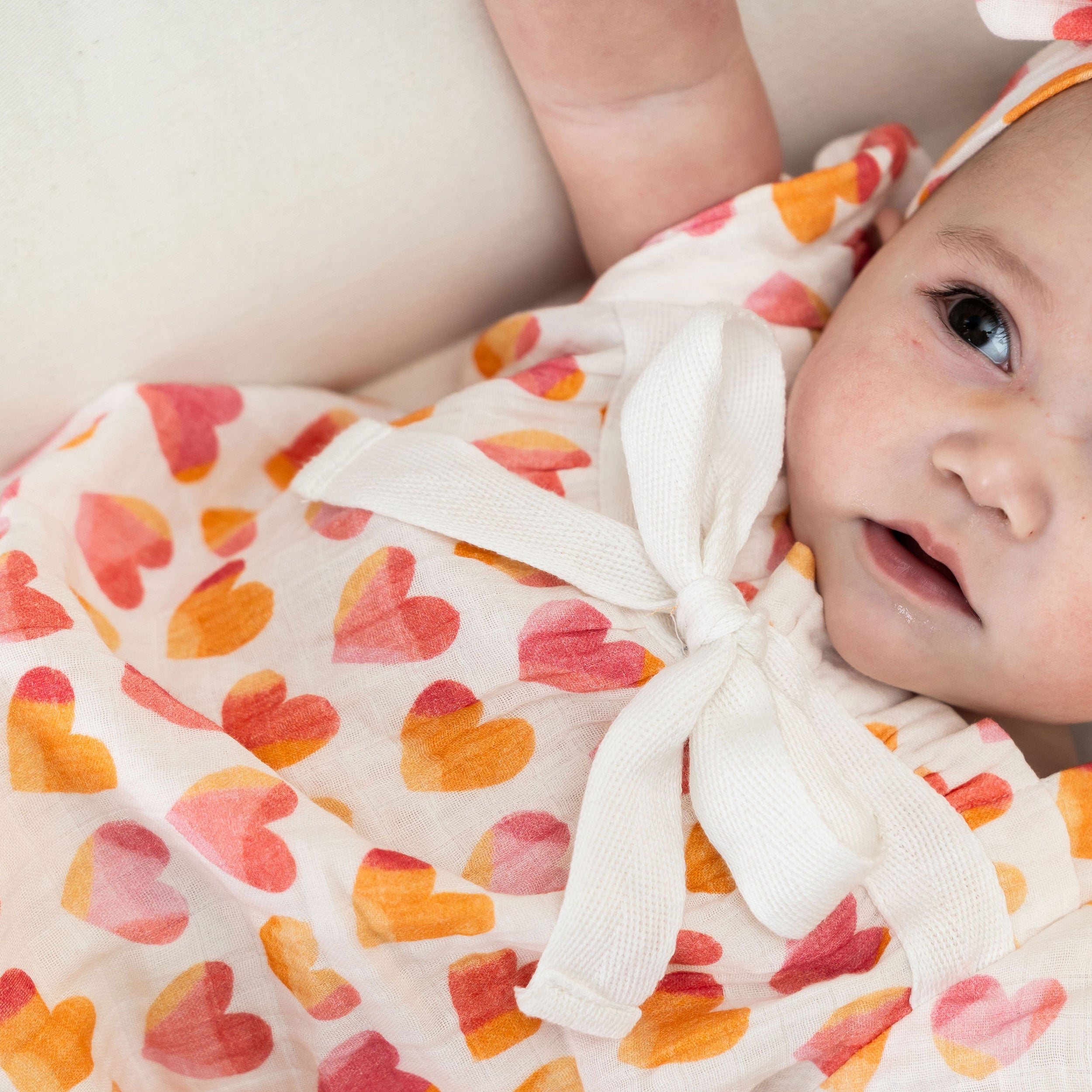 Hearts Baby Bubble Romper + Headband Detail Model (Organic Muslin)