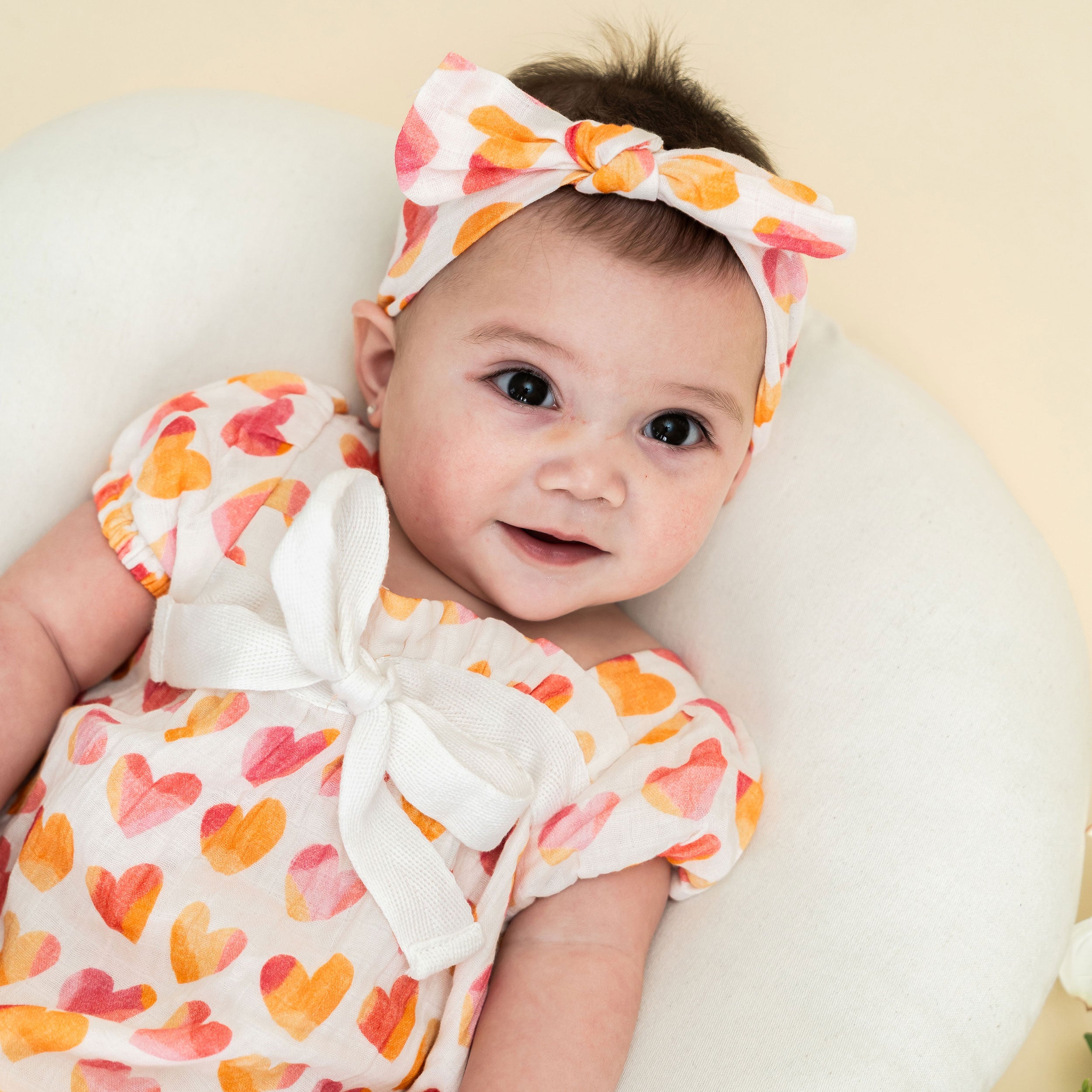Hearts Baby Bubble Romper + Headband Lifestyle Model (Organic Muslin)