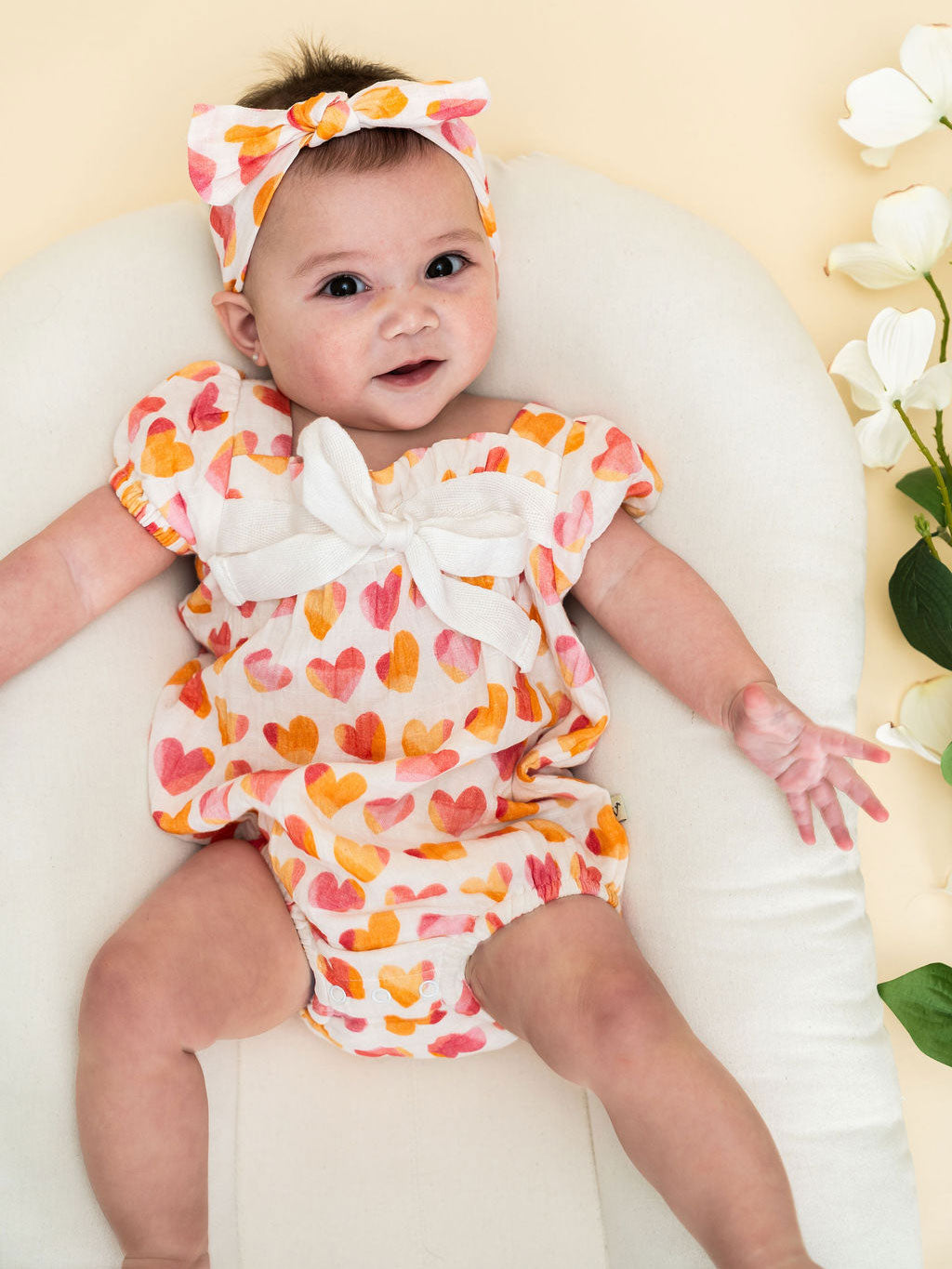 Hearts Baby Bubble Romper + Headband Full Set (Organic Muslin)