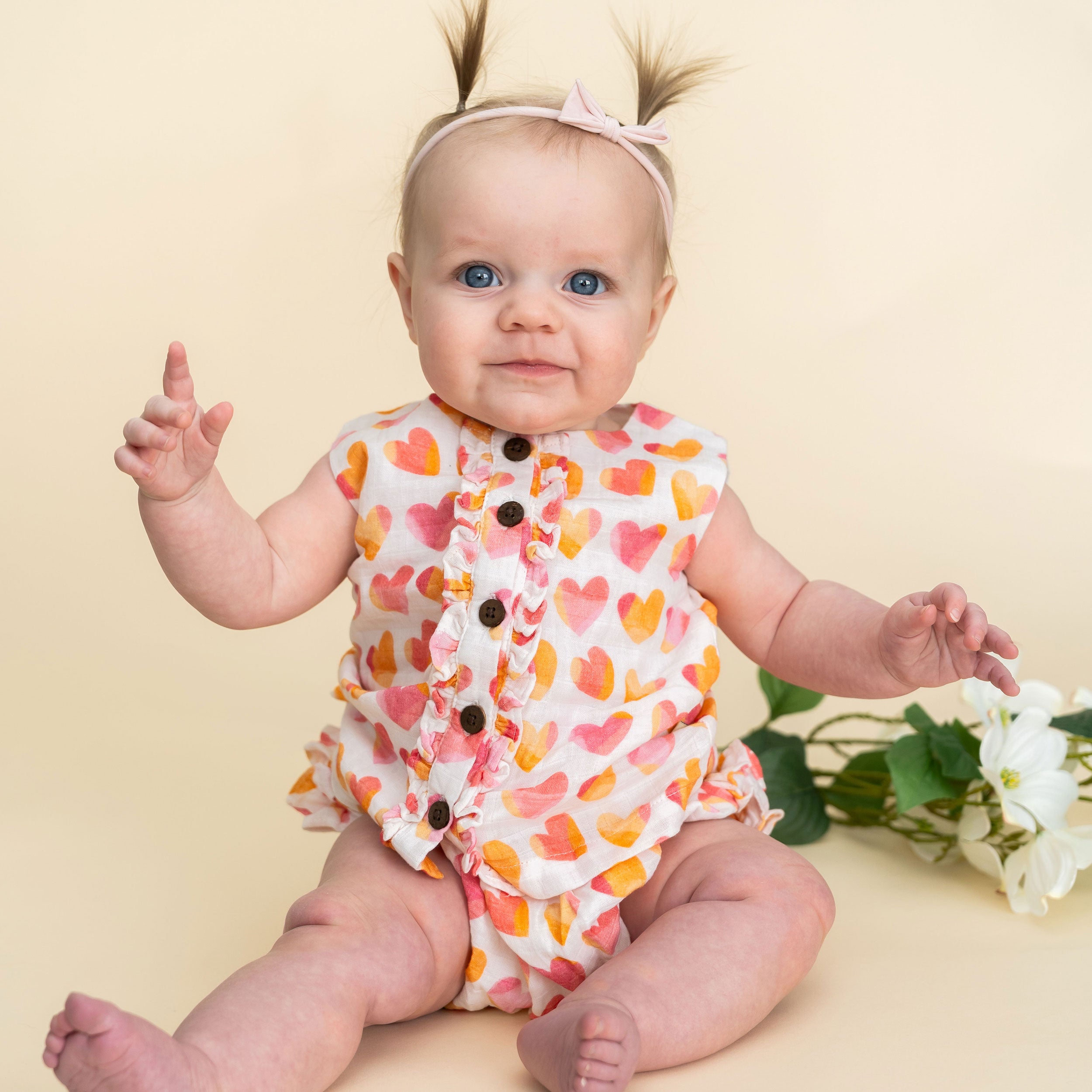 Hearts Button Front Baby Top + Ruffled Bloomer Set Model (Organic Muslin)
