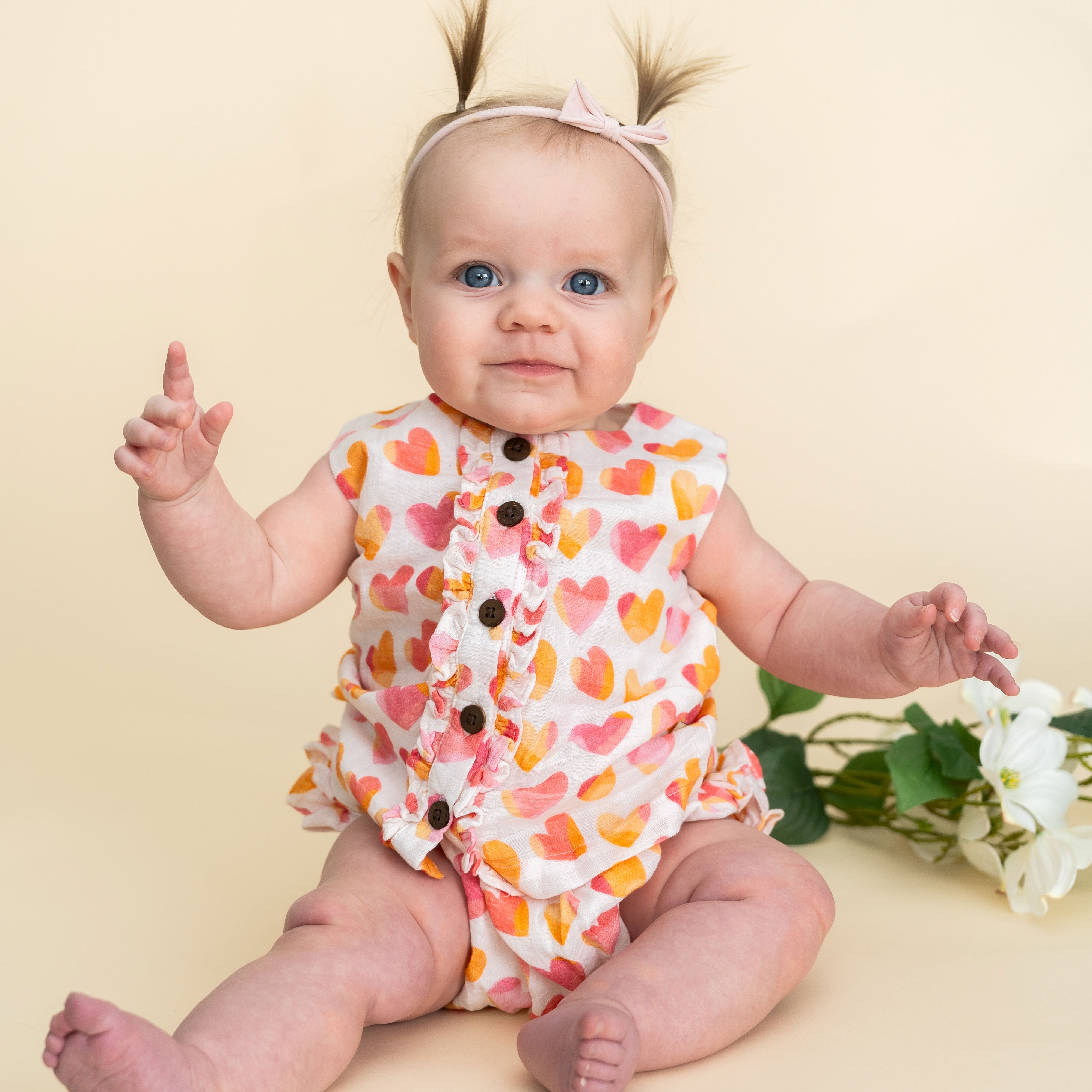 Hearts Button Front Baby Top + Ruffled Bloomer Set Model (Organic Muslin)