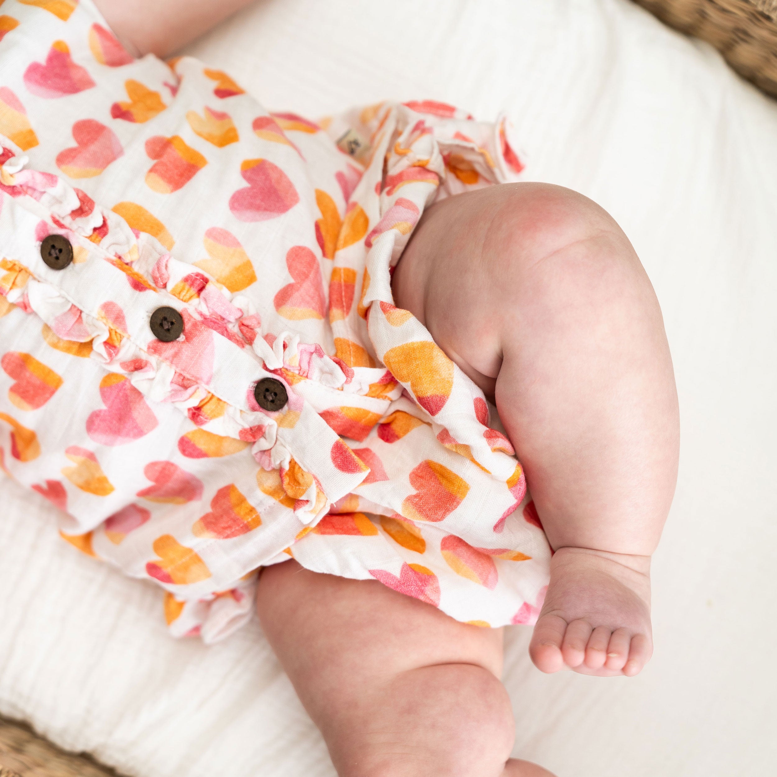 Hearts Button Front Baby Top + Ruffled Bloomer Texture Model (Organic Muslin)