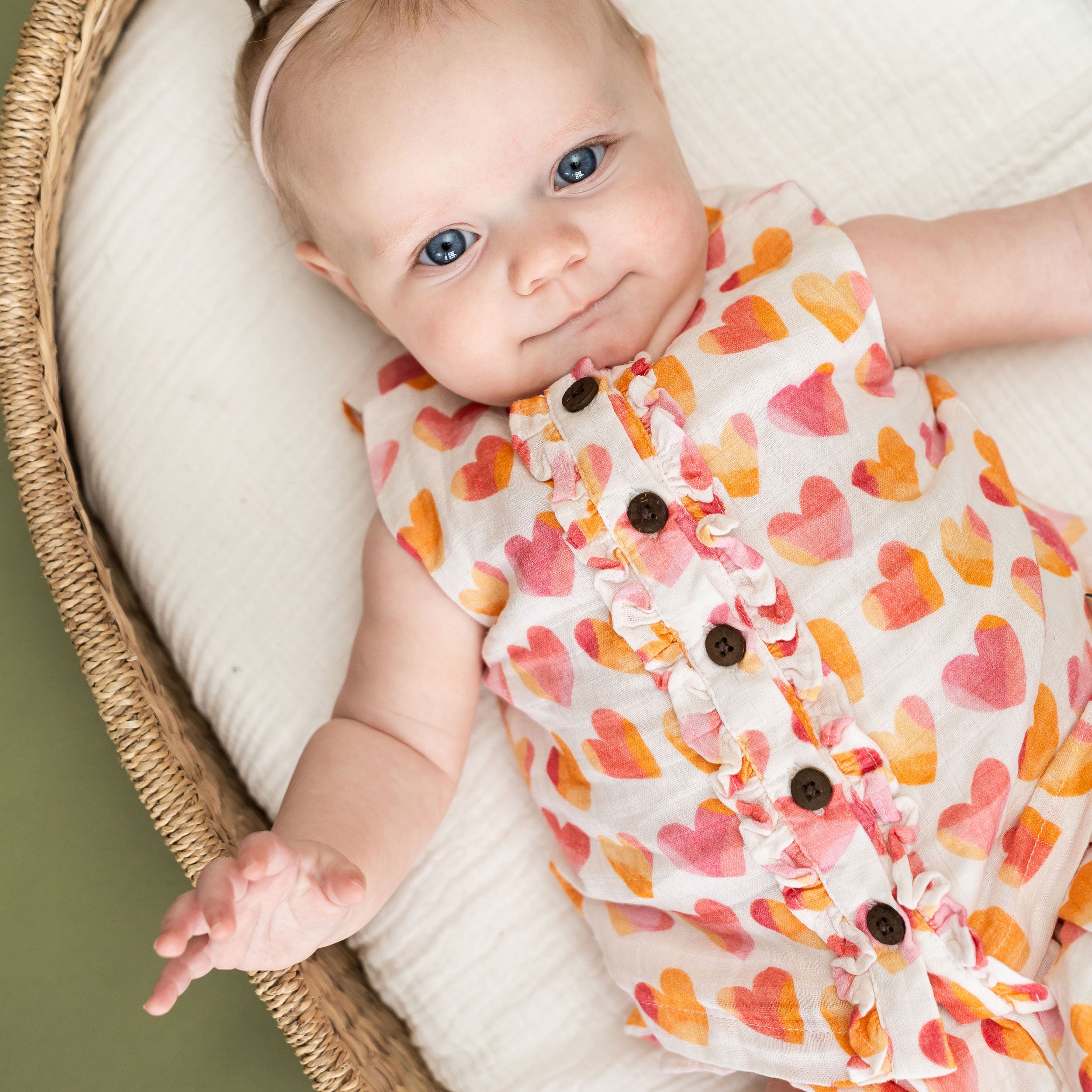 Hearts Button Front Baby Top + Ruffled Bloomer Model (Organic Muslin)