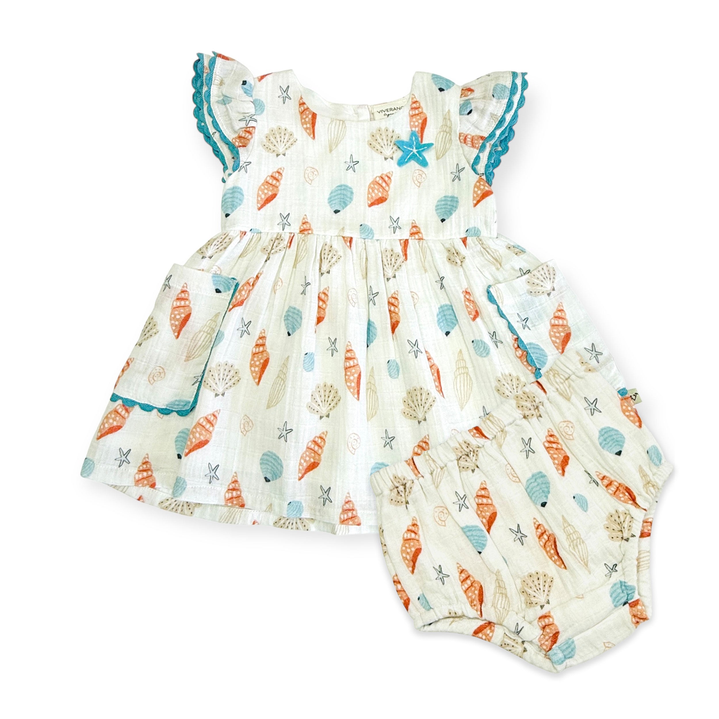 Seashell Pocket Baby Dress + Bloomer (Organic Muslin)