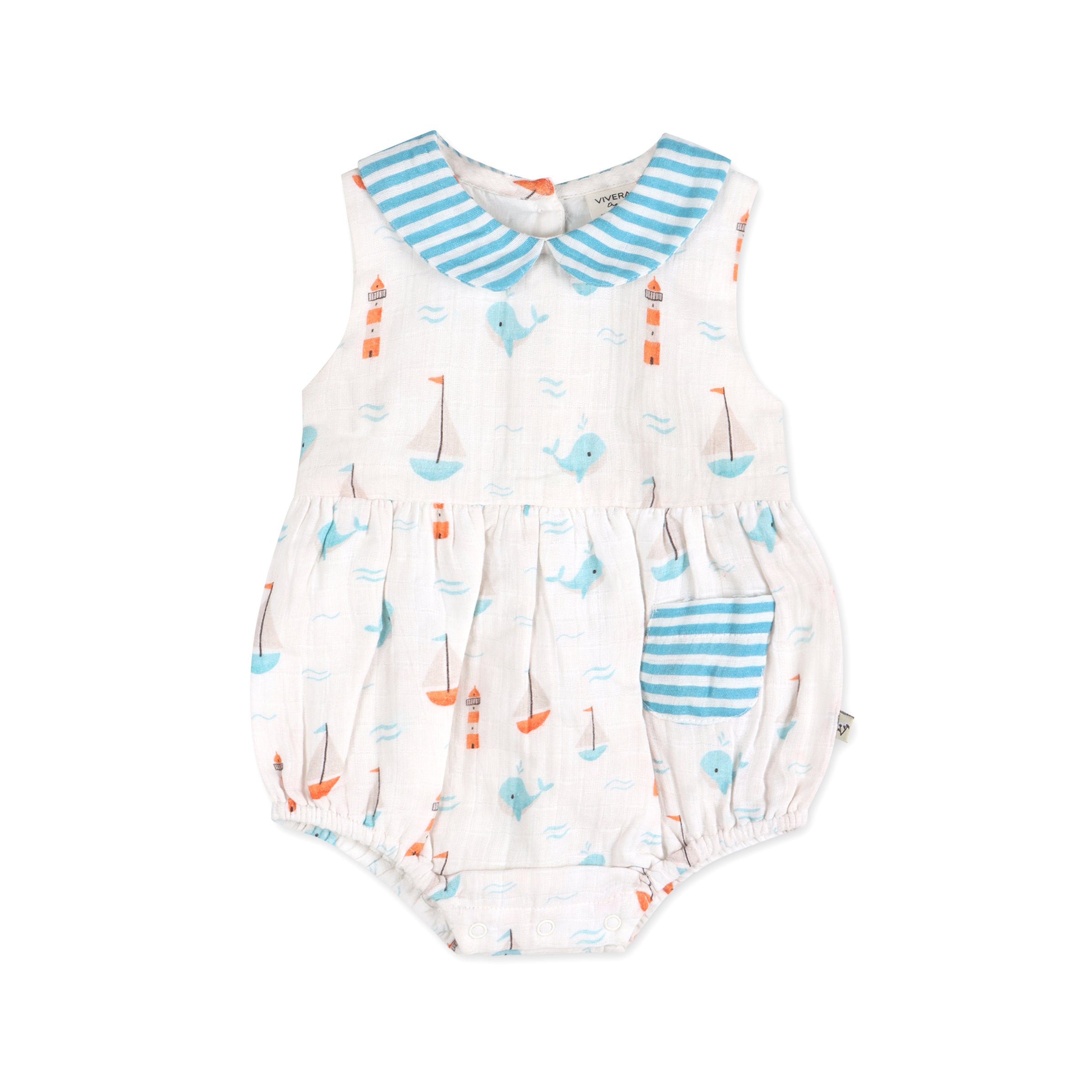 Sailboat Whales Baby Bubble Romper Front (Organic Muslin)