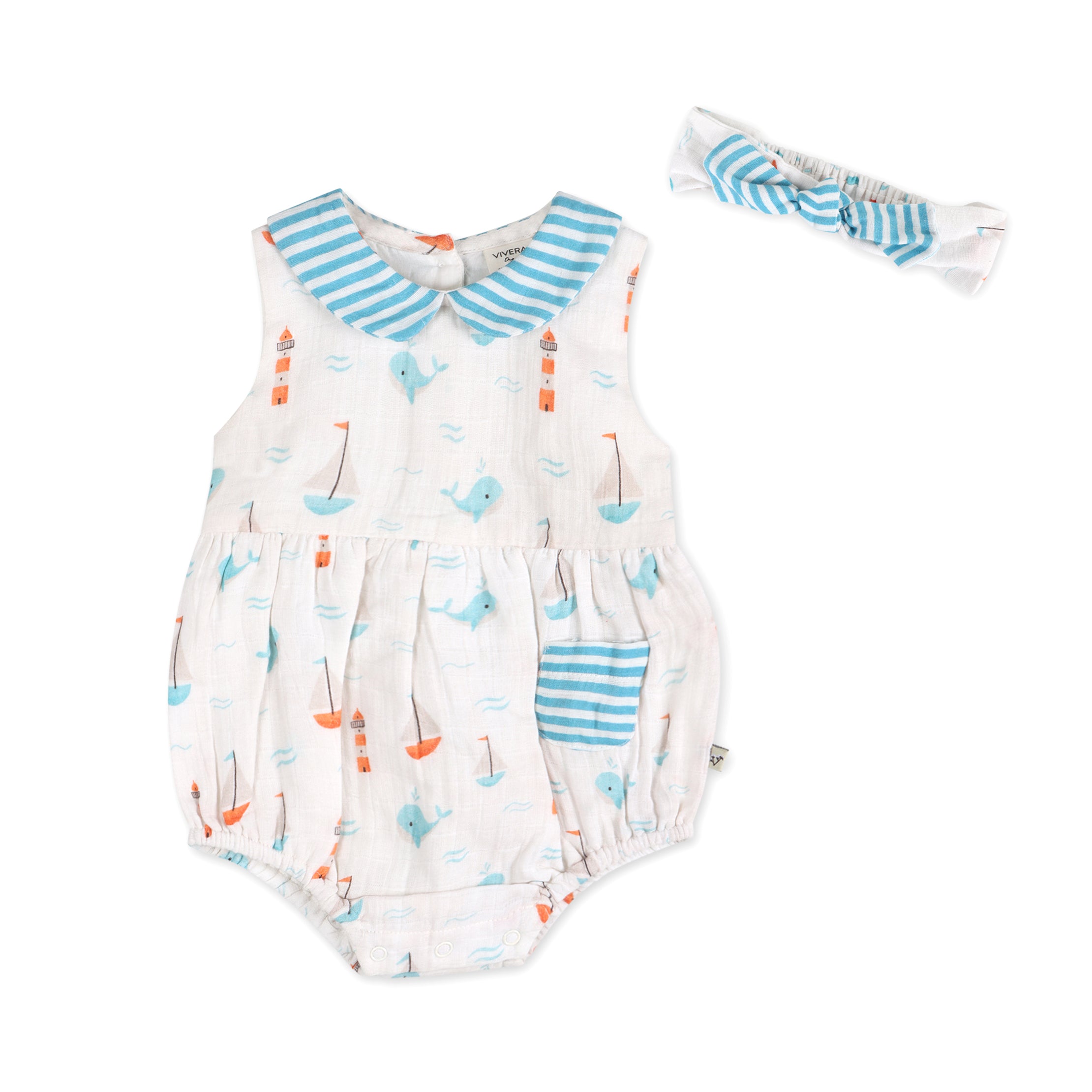 Sailboat Whales Baby Bubble Romper + Headband (Organic Muslin)