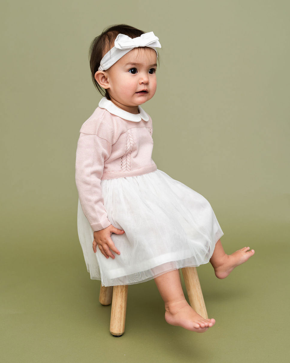 Milan Knit Baby Peter Pan Collar Tutu Dress (Organic Cotton) - Blush Model