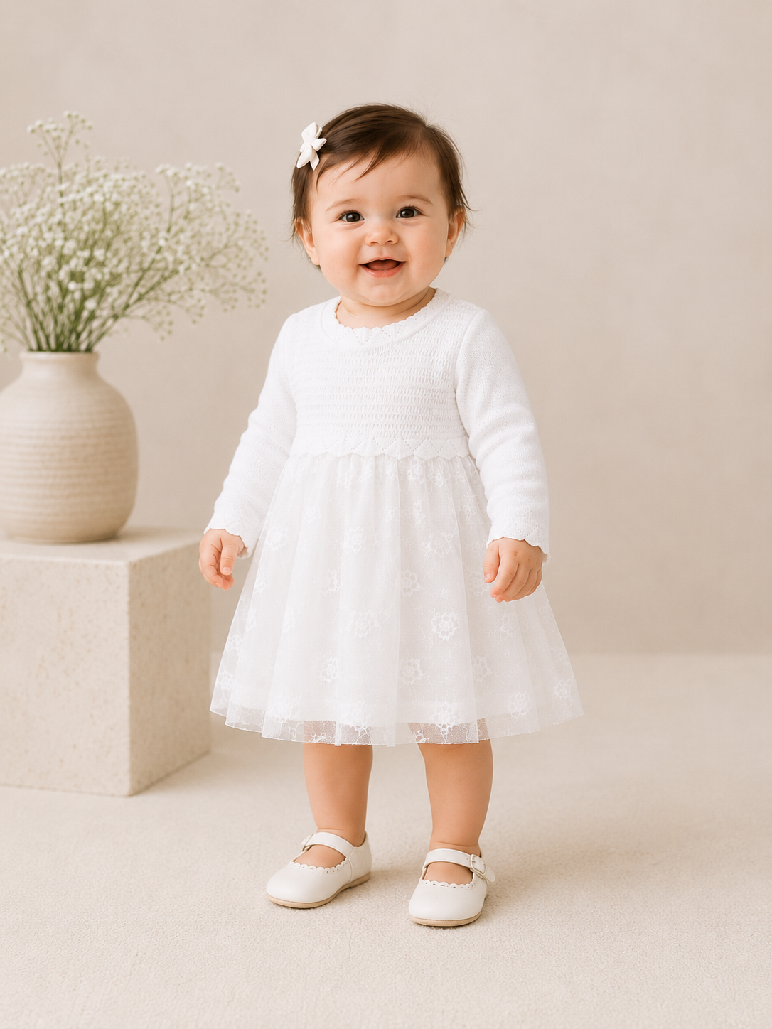Baby Wearing Organic Milan Dove White Floral Embroidered Tutu Knit Baby Dress