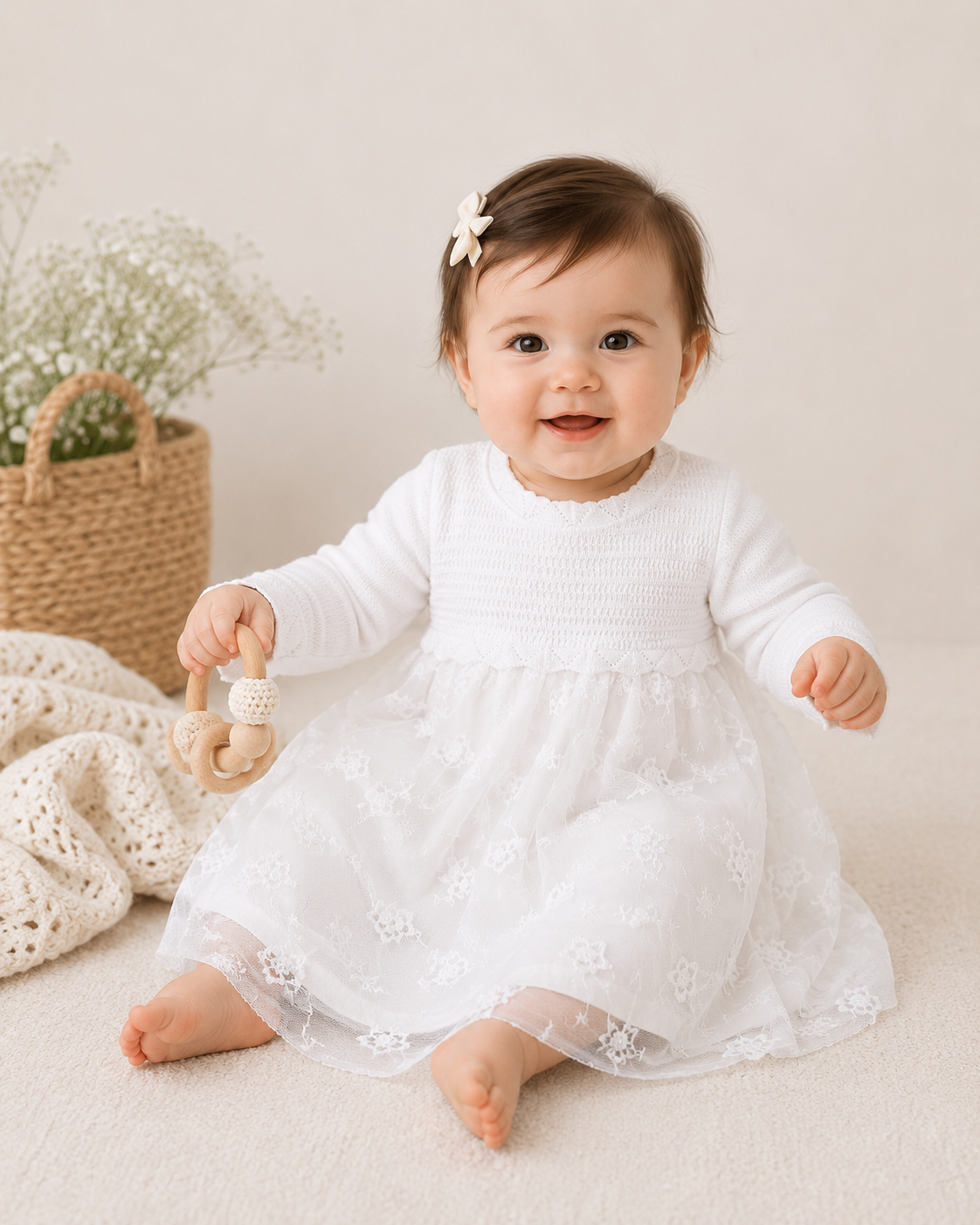 Baby Playing in Organic Milan Dove White Floral Embroidered Tutu Knit Baby Dress