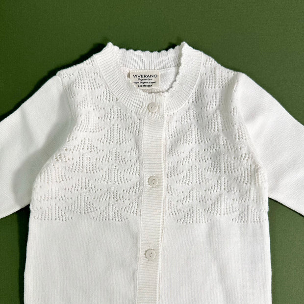 Milan Dove White Pointelle & Button Sweater Knit Jumpsuit (Organic)