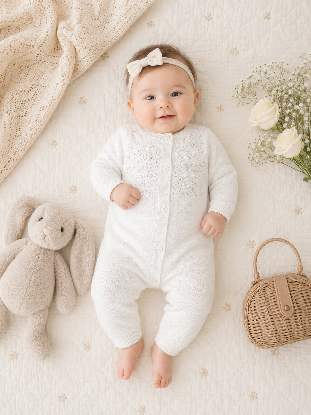 Baby Wearing Milan Dove White Pointelle and Button Sweater Knit Jumpsuit Organic Cotton by Viverano