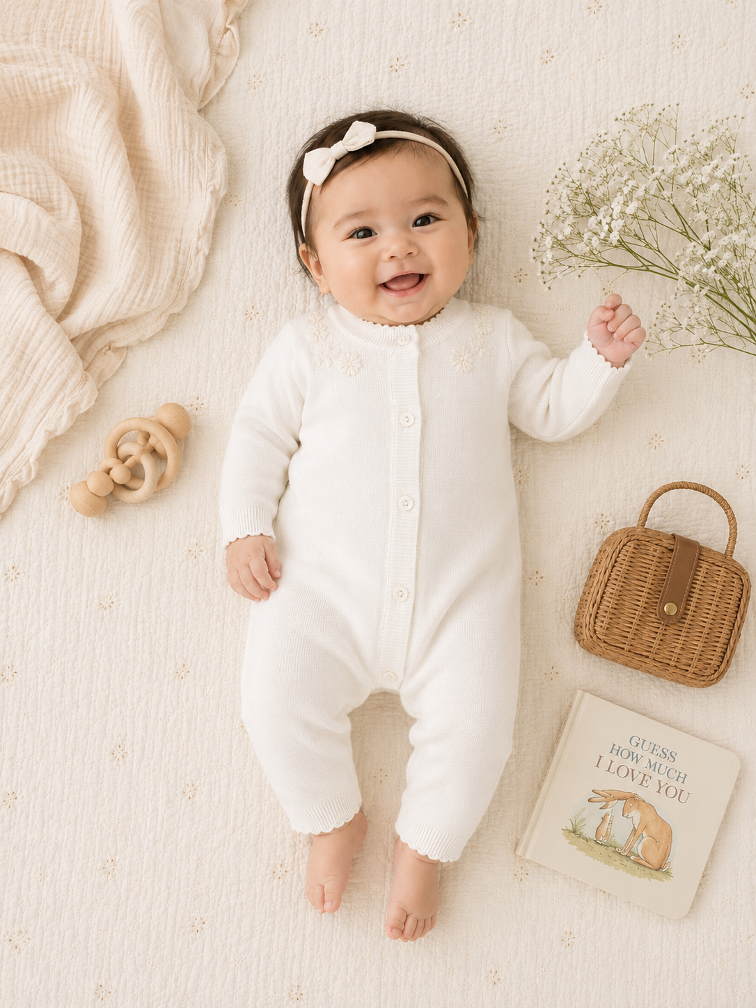 Baby Wearing Milan White Embroidered Sweater Knit Baby Jumpsuit, Organic Cotton by Viverano