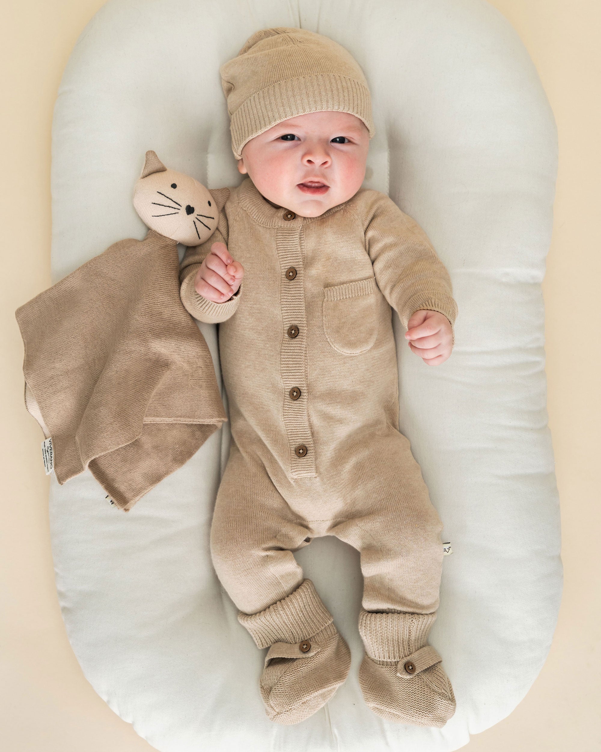 Kitty Cat - Organic Baby Lovey Security Blanket with model wearing Viverano Milan outfit