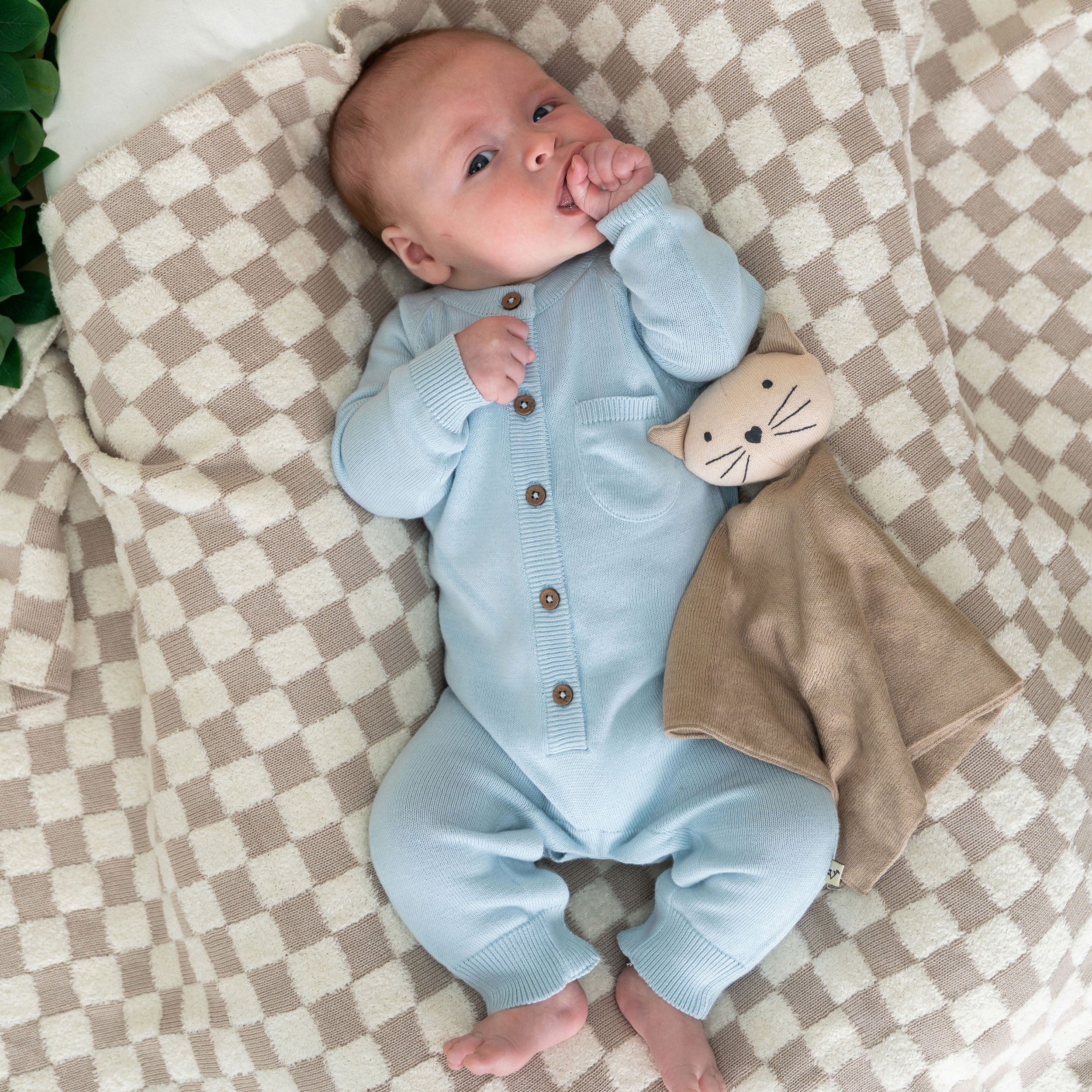 Kitty Cat - Organic Baby Lovey Security Blanket with model wearing Viverano Milan Jumpsuit