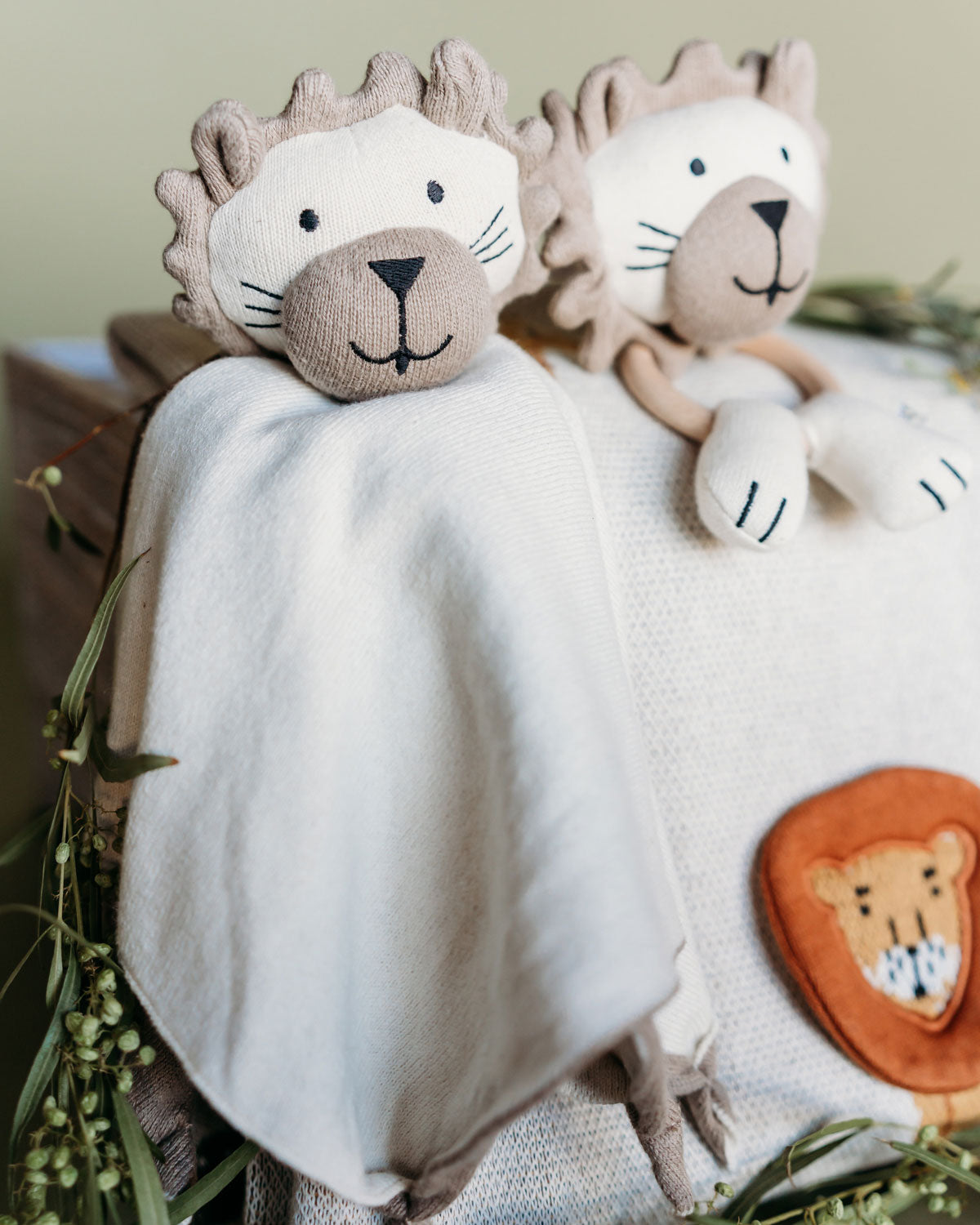 Lion - Organic Baby Lovey Security Blanket Cuddle Cloth with Lion Ring Rattle and Safari Baby Blanket by Viverano Organics