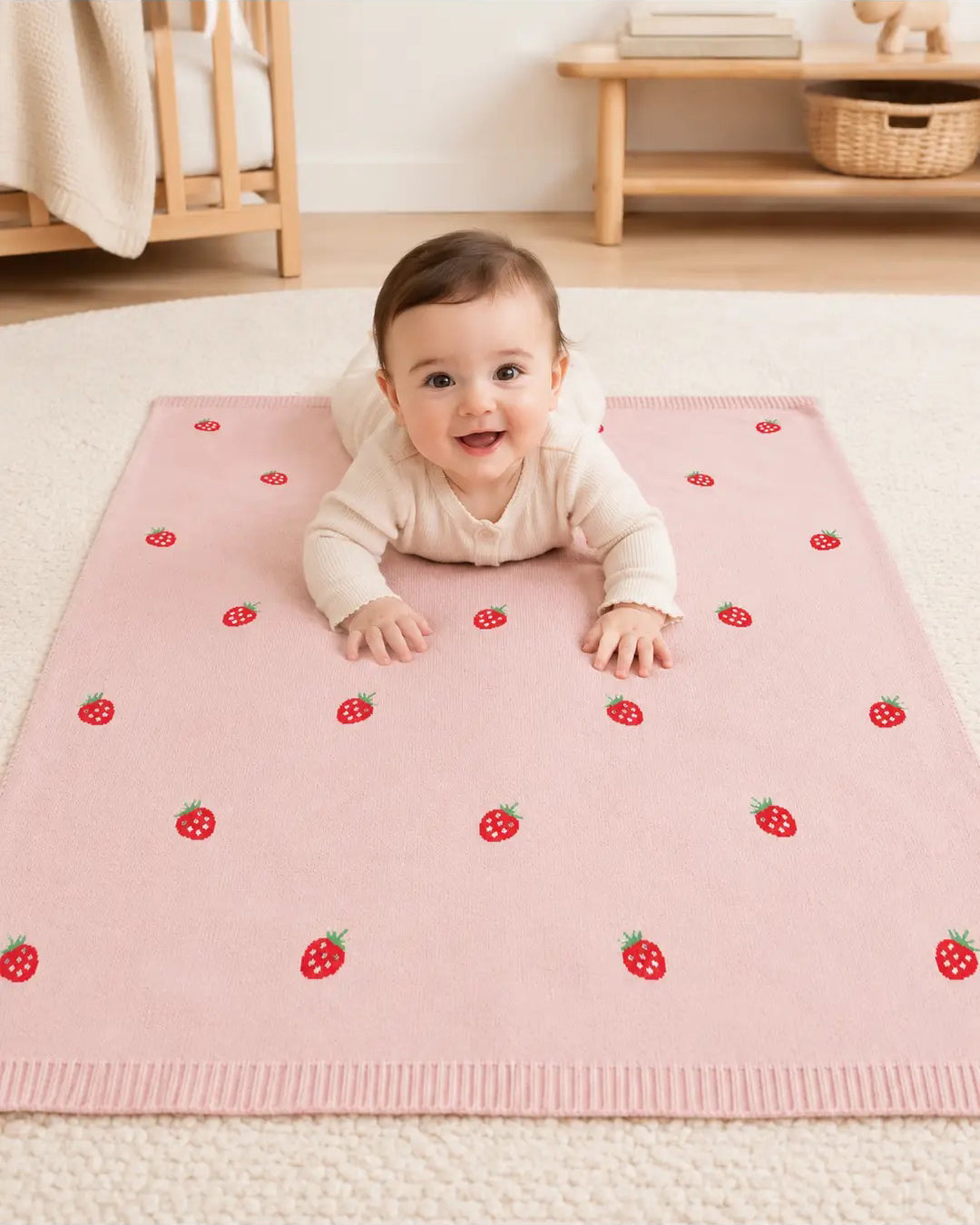 Baby on Strawberry Blanket by Viverano Organics
