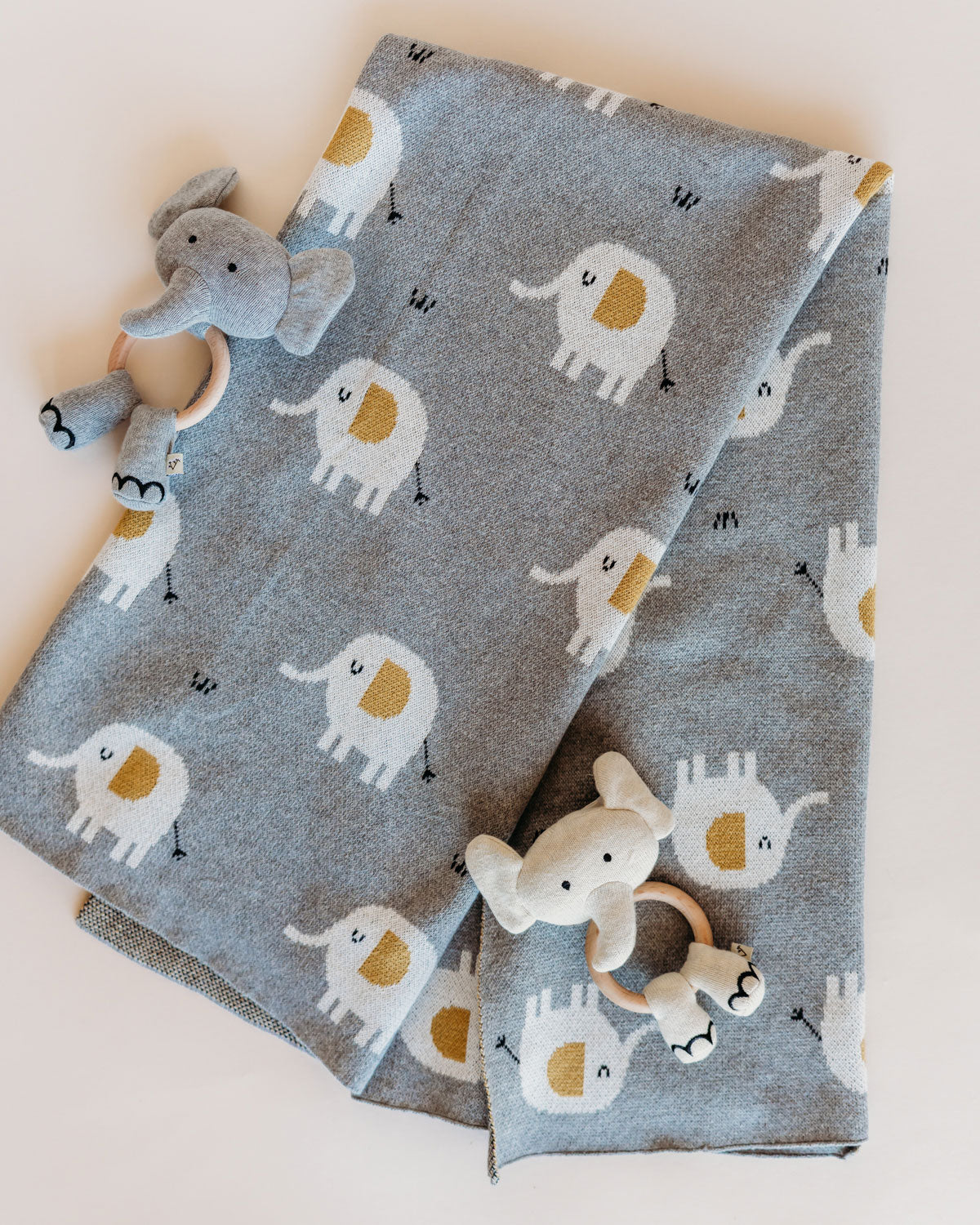 Elephant - Organic Stuffed Animal Baby Ring Rattles and Jacquard Knit Baby Blanket