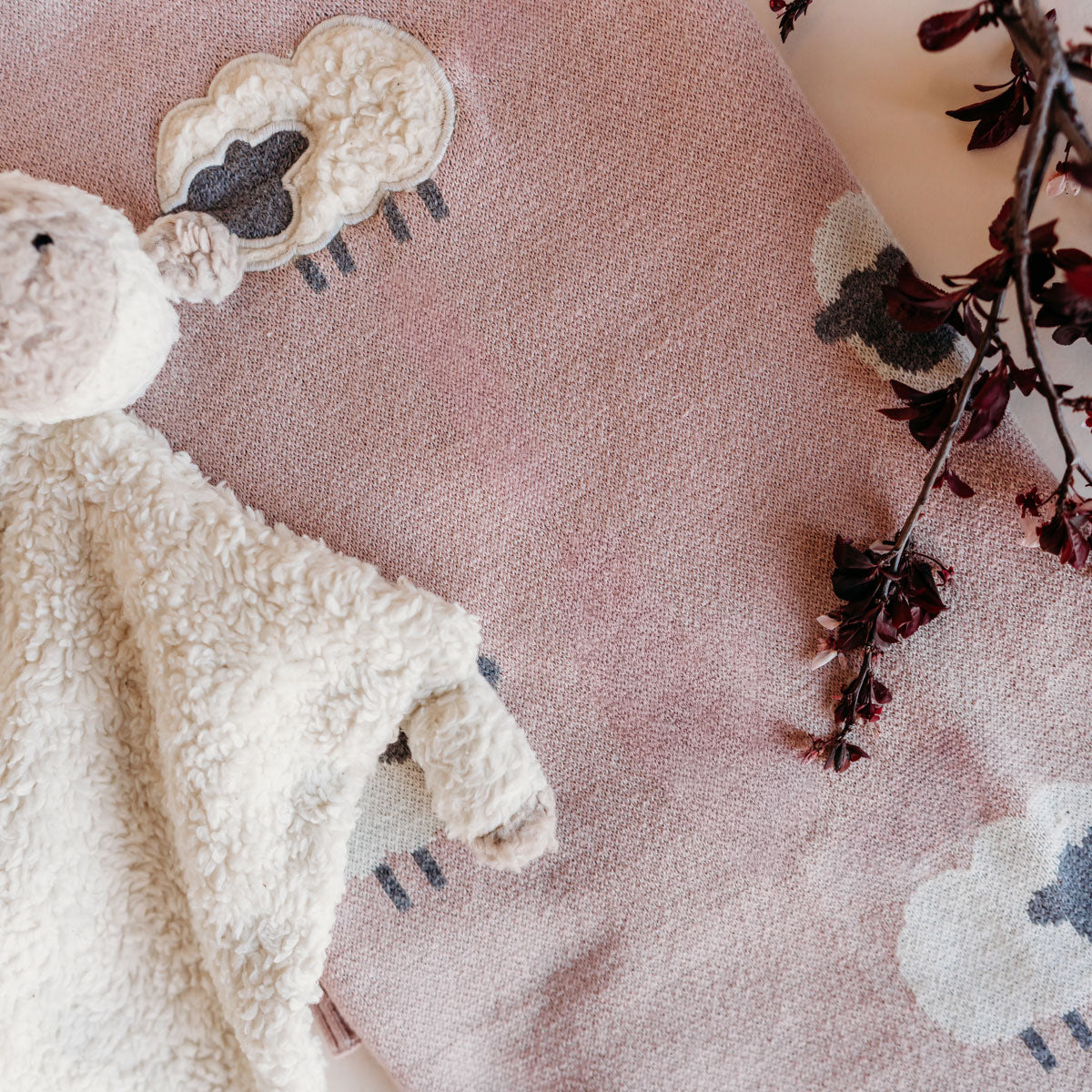 Lamb Sherpa Lovey on Pink Wooly Lamb Baby Blanket by Viverano Organics