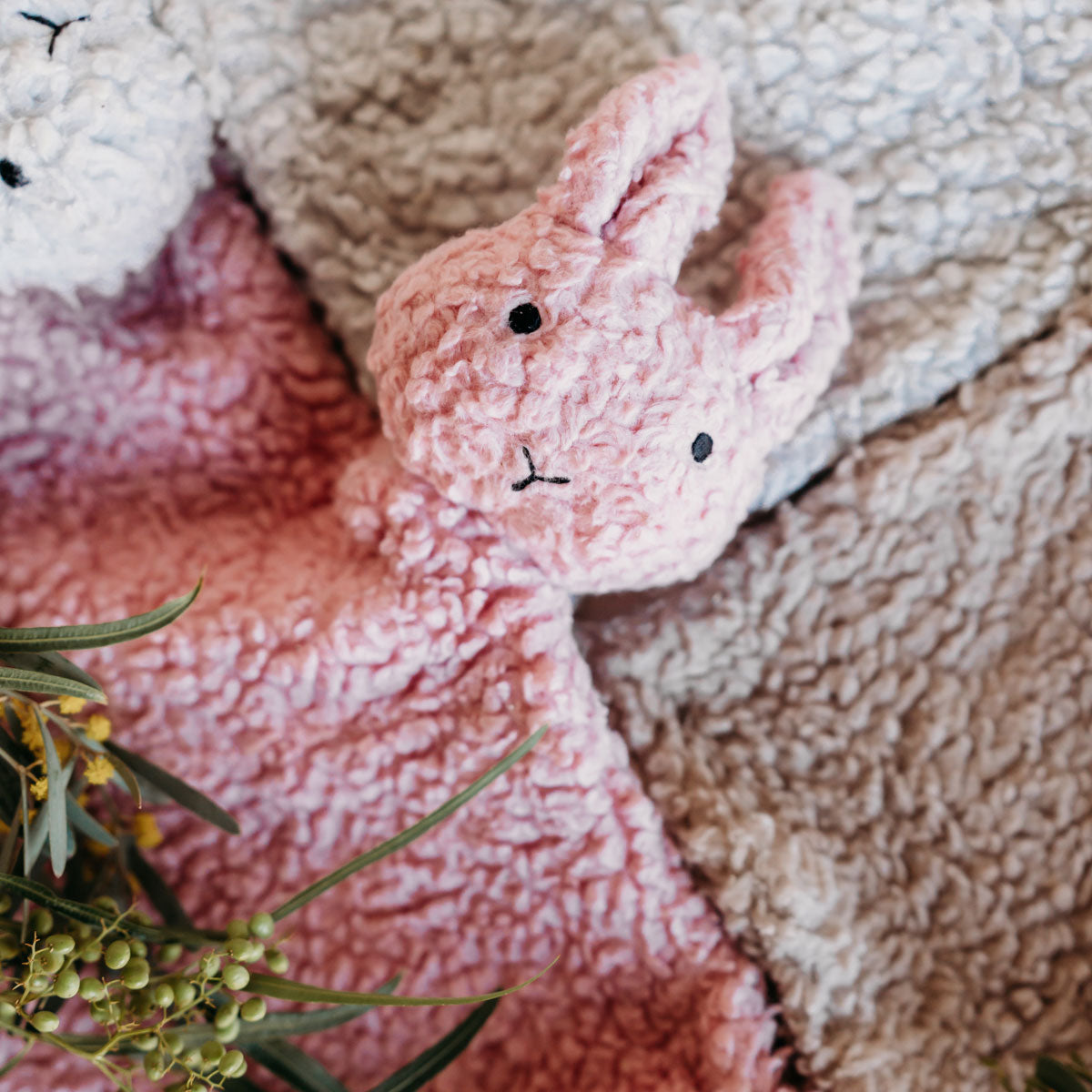 BUNNY - Organic SHERPA Lovey Baby Security Blanket Cuddle Cloth - Blush Pink