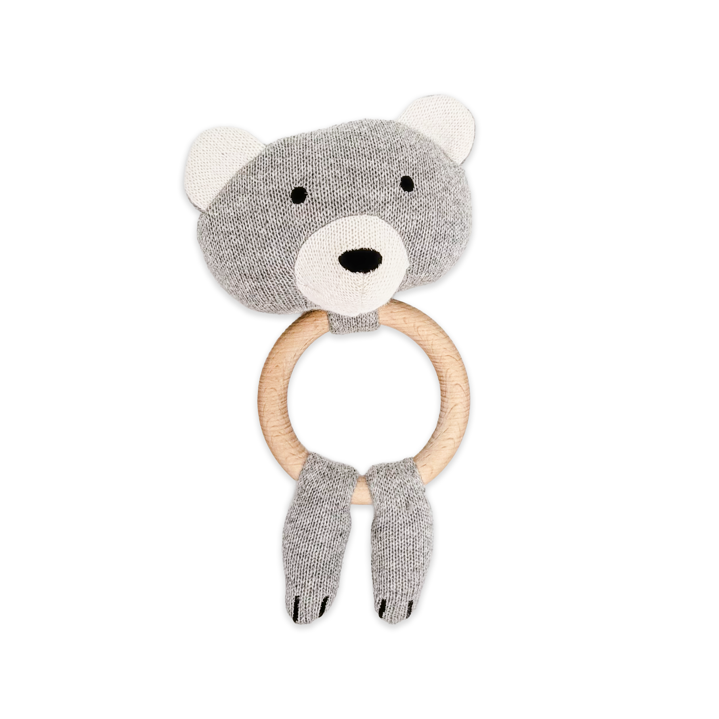 Bear - Organic Stuffed Animal Baby Ring Rattle (Wooden ring teething toy)